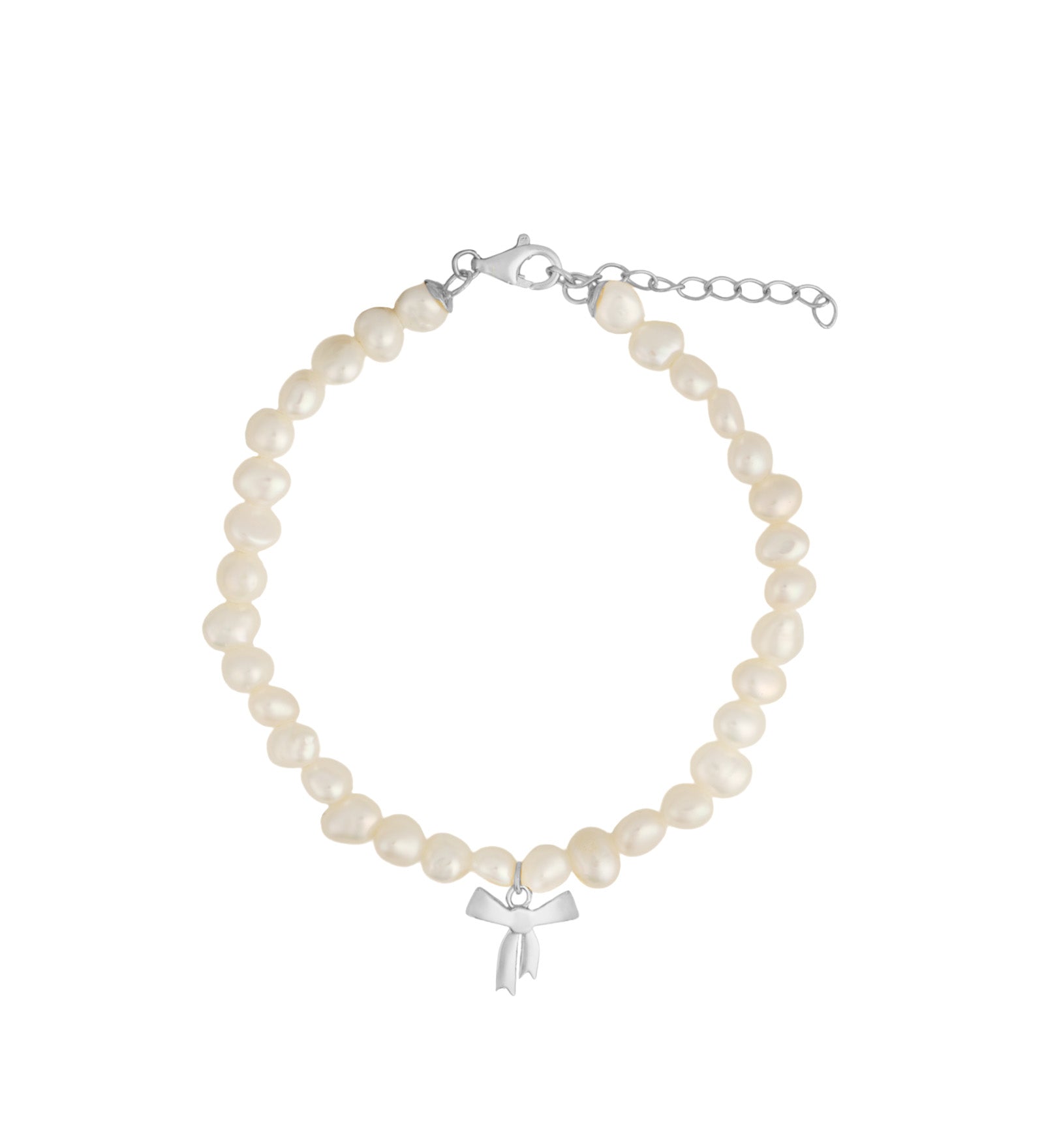 Quiet Icon-Bow Drop Pearl Bracelet-Bracelets-Rhodium Plated Sterling Silver, Pearl-Blue Ruby Jewellery-Vancouver Canada