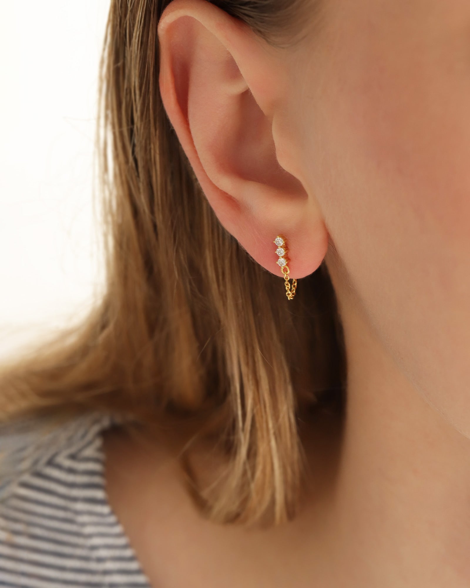 Quiet Icon-3 CZ Chain Loop Stud-Earrings-Blue Ruby Jewellery-Vancouver Canada