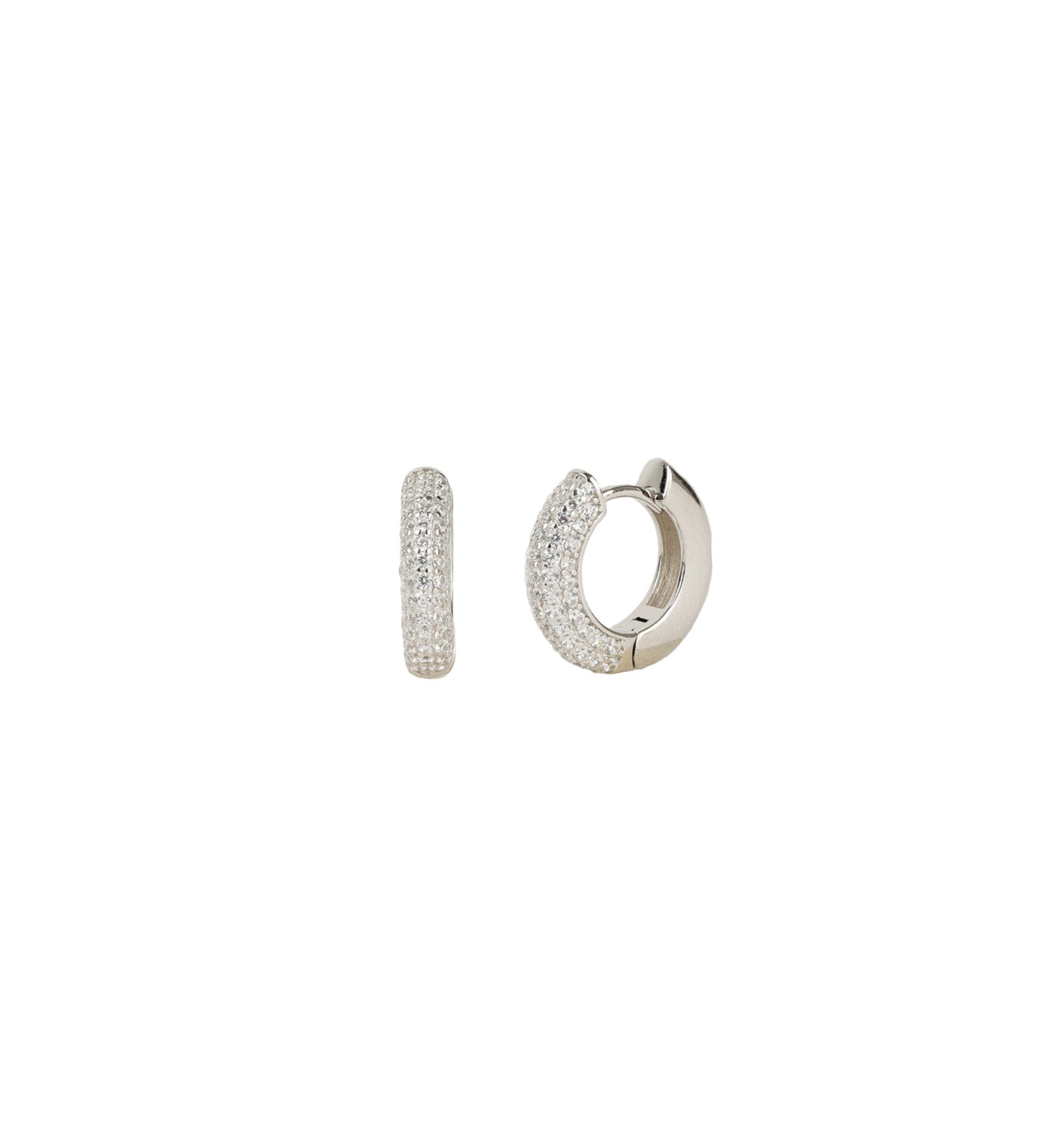 Quiet Icon-Half Pavé Tube Huggies-Earrings-Rhodium Plated Sterling Silver, Cubic Zirconia-Blue Ruby Jewellery-Vancouver Canada