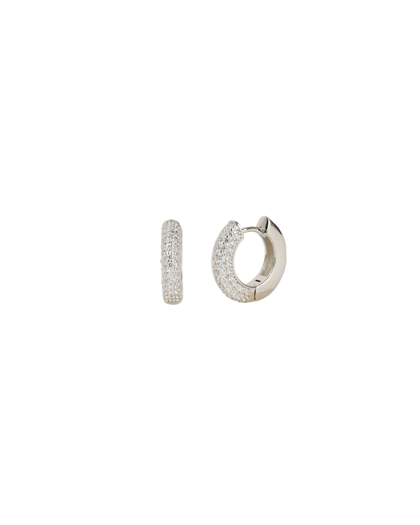 Quiet Icon-Half Pavé Tube Huggies-Earrings-Rhodium Plated Sterling Silver, Cubic Zirconia-Blue Ruby Jewellery-Vancouver Canada