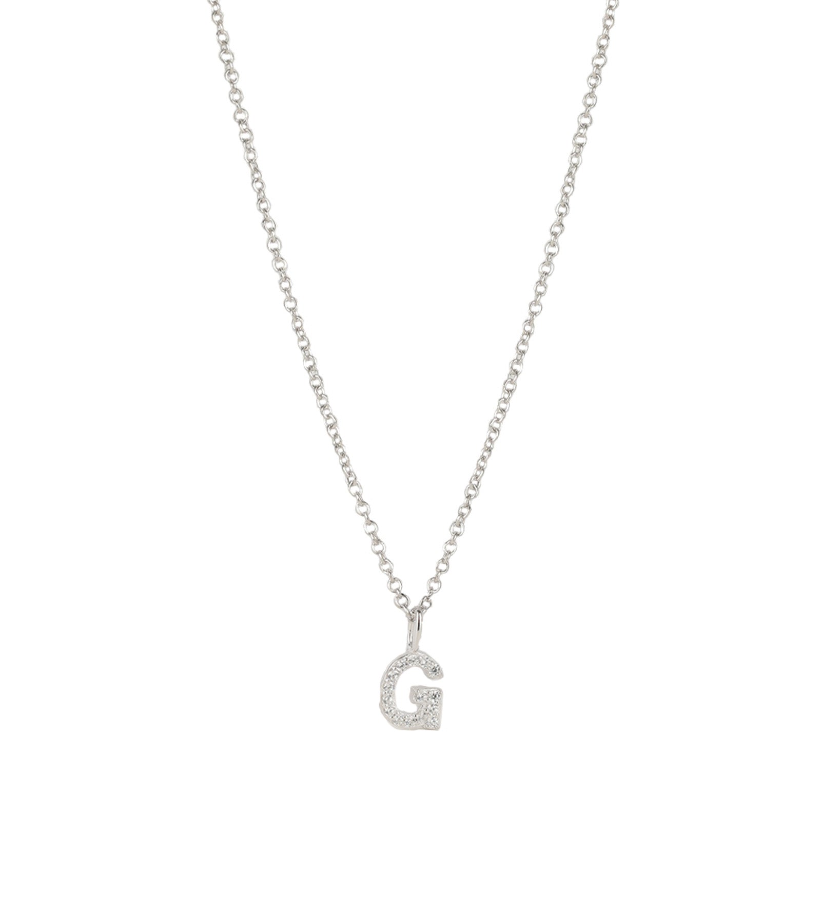 Quiet Icon-CZ Initial Necklace-Necklaces-Rhodium Plated Sterling Silver, Cubic Zirconia-G-Blue Ruby Jewellery-Vancouver Canada