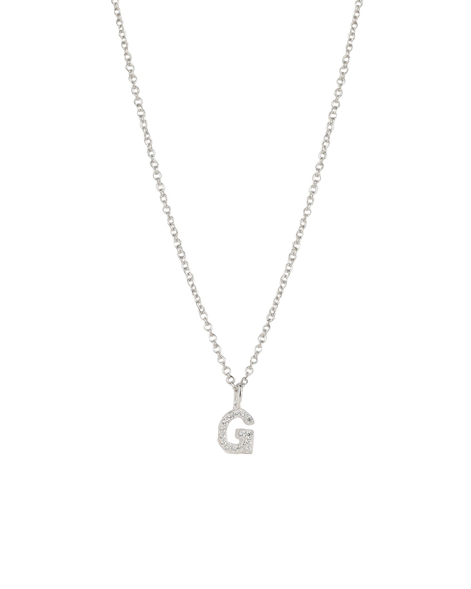 Quiet Icon-CZ Initial Necklace-Necklaces-Rhodium Plated Sterling Silver, Cubic Zirconia-G-Blue Ruby Jewellery-Vancouver Canada