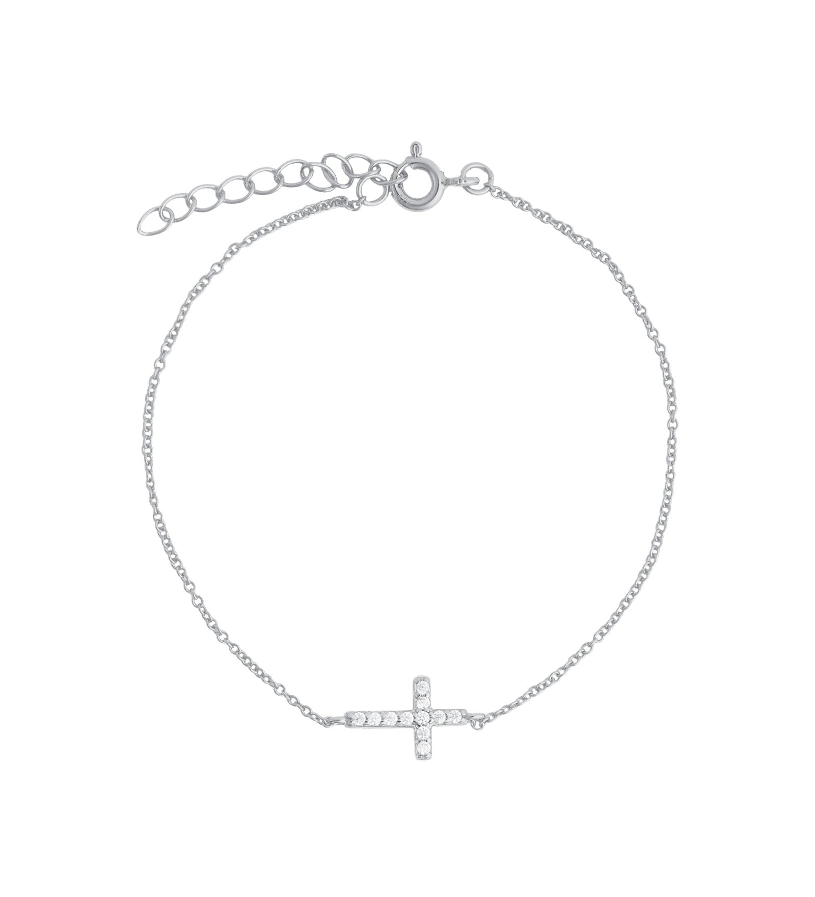 Quiet Icon-East-West Pavé Cross Bracelet-Bracelets-Rhodium Plated Sterling Silver, Cubic Zirconia-Blue Ruby Jewellery-Vancouver Canada