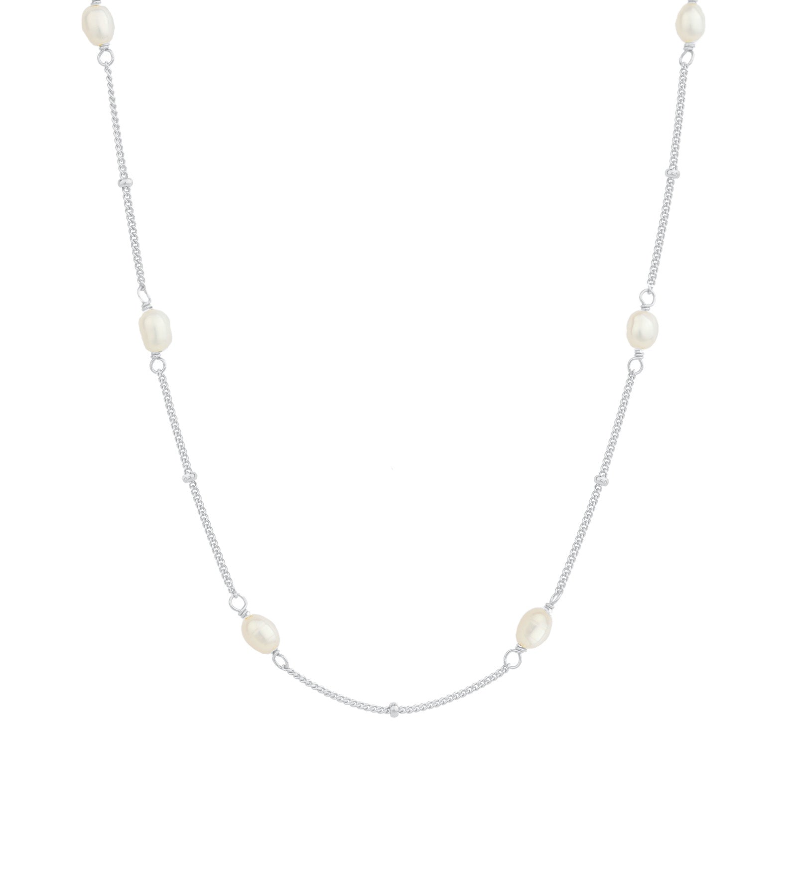 Quiet Icon-Oval Pearl Station Necklace-Necklaces-Rhodium Plated Sterling Silver, White Pearl-Blue Ruby Jewellery-Vancouver Canada