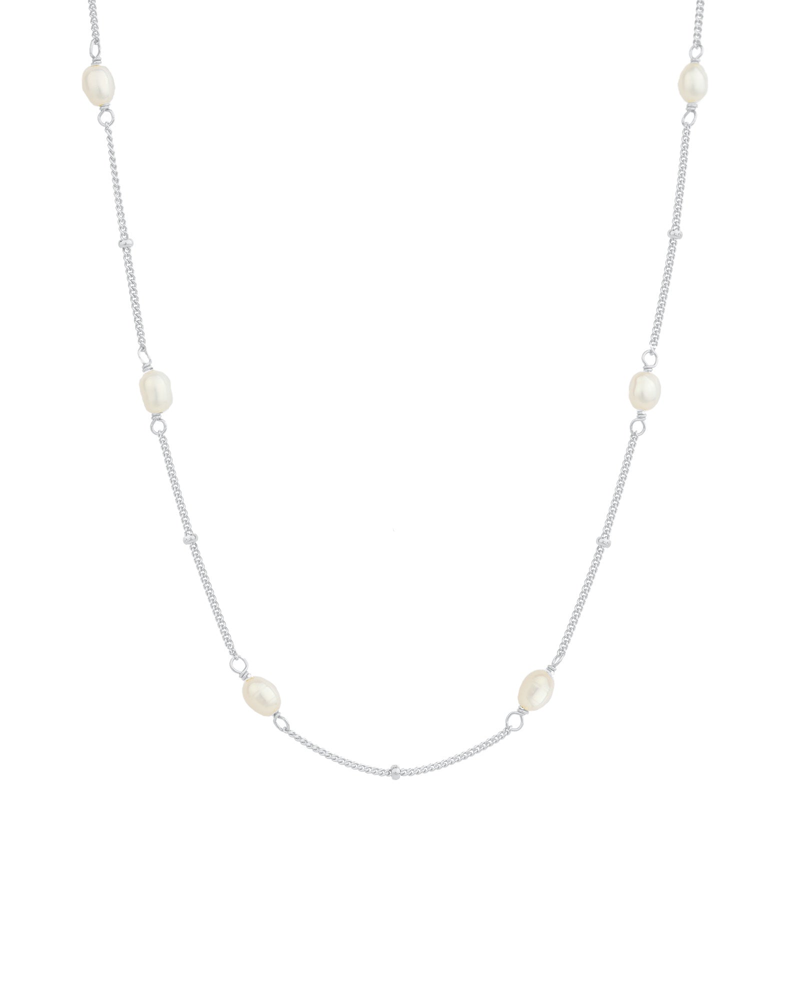 Quiet Icon-Oval Pearl Station Necklace-Necklaces-Rhodium Plated Sterling Silver, White Pearl-Blue Ruby Jewellery-Vancouver Canada