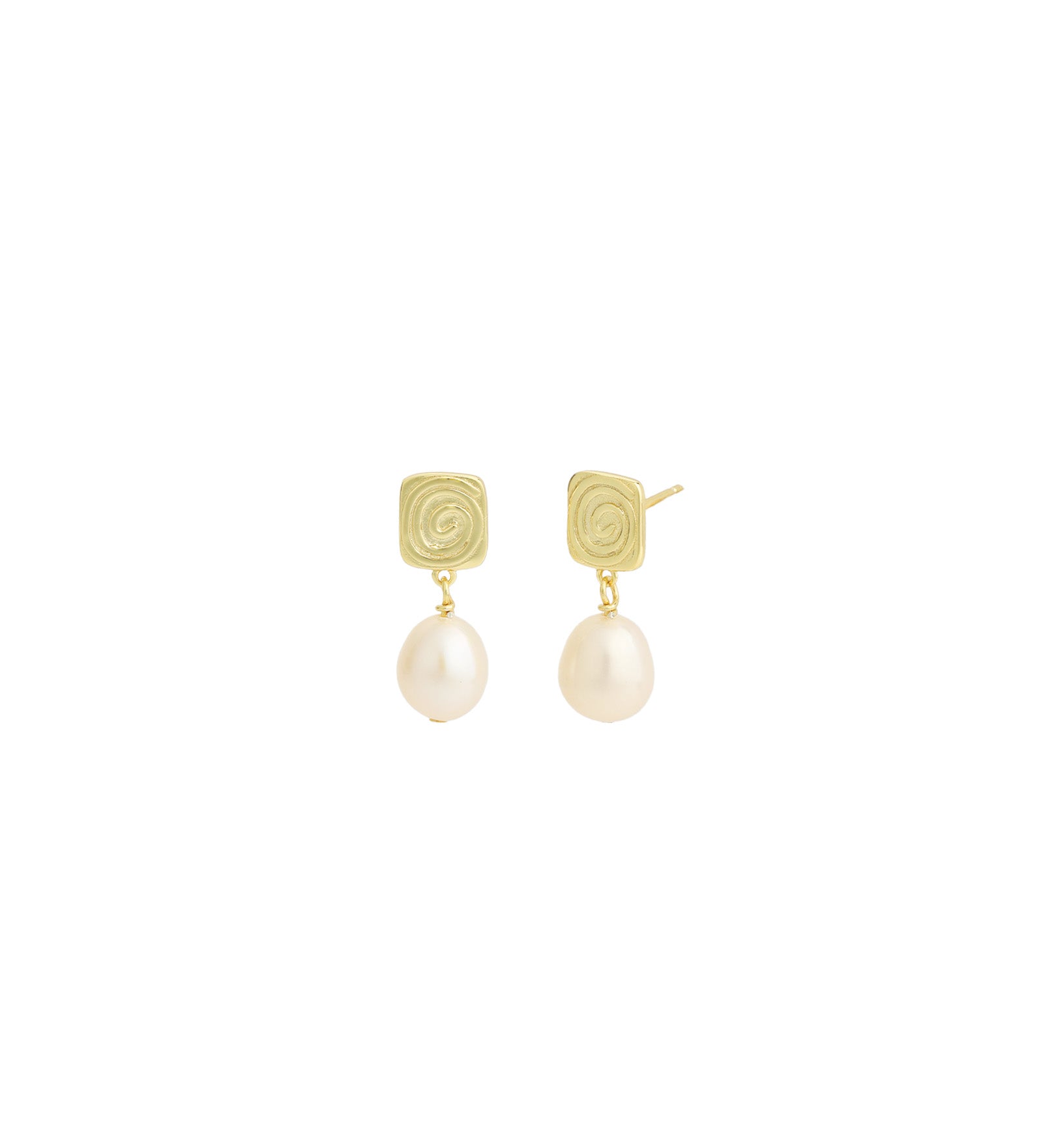 Quiet Icon-Square Swirl Pearl Drop Studs-Earrings-14k Gold Vermeil, White Pearl-Blue Ruby Jewellery-Vancouver Canada