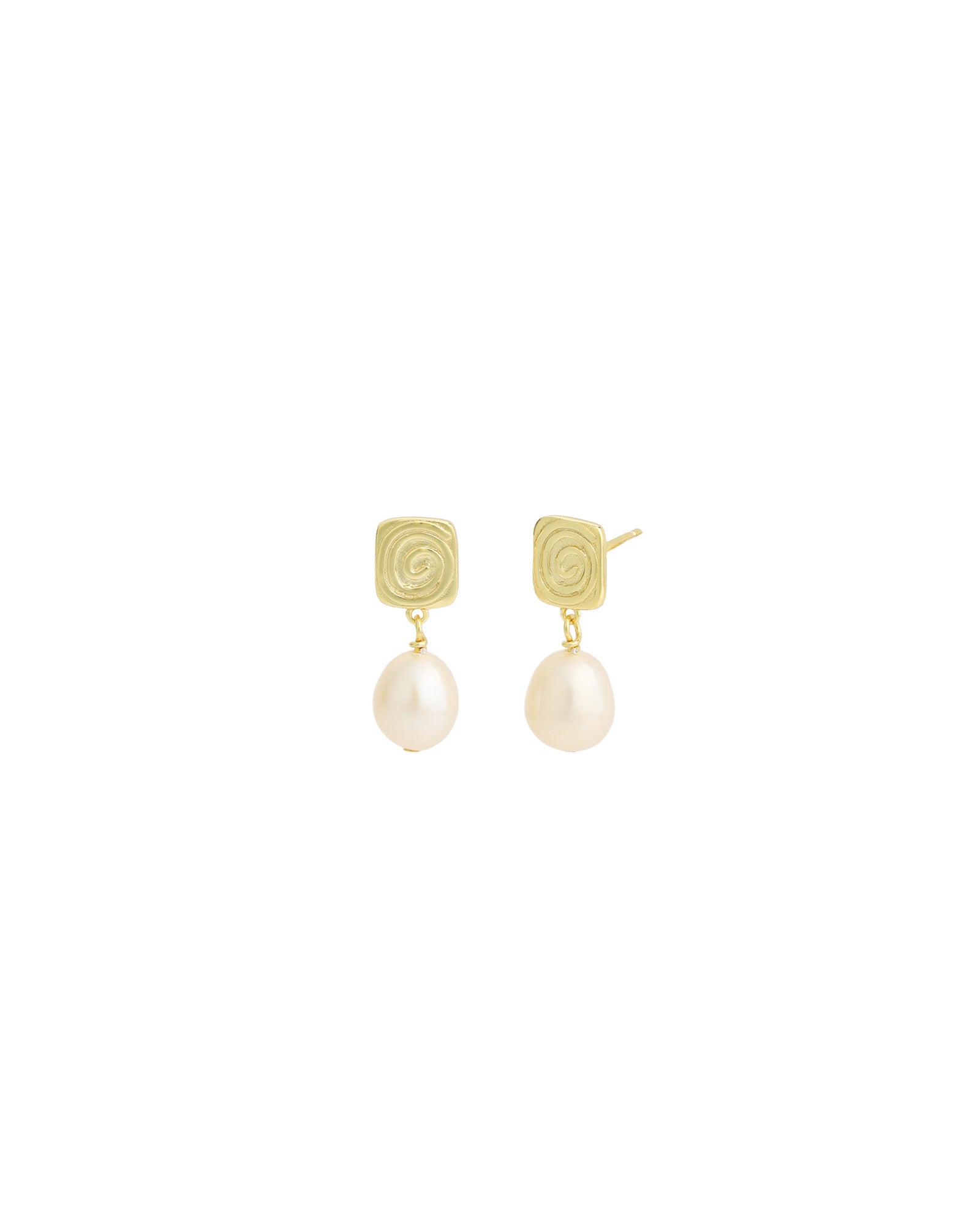 Quiet Icon-Square Swirl Pearl Drop Studs-Earrings-14k Gold Vermeil, White Pearl-Blue Ruby Jewellery-Vancouver Canada