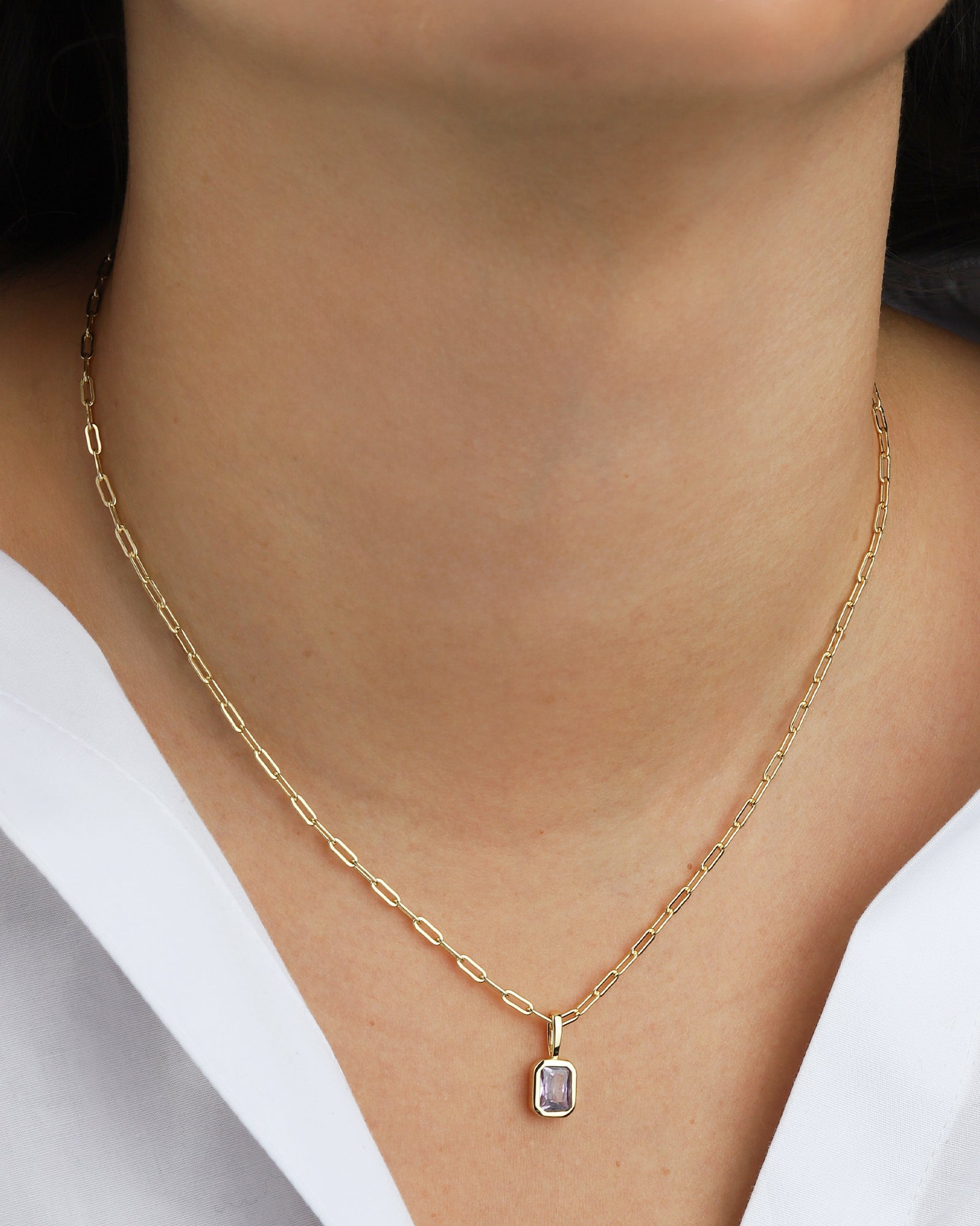 Quiet Icon-Emerald Cut Birthstone Paperclip Necklace-Necklaces-Blue Ruby Jewellery-Vancouver Canada