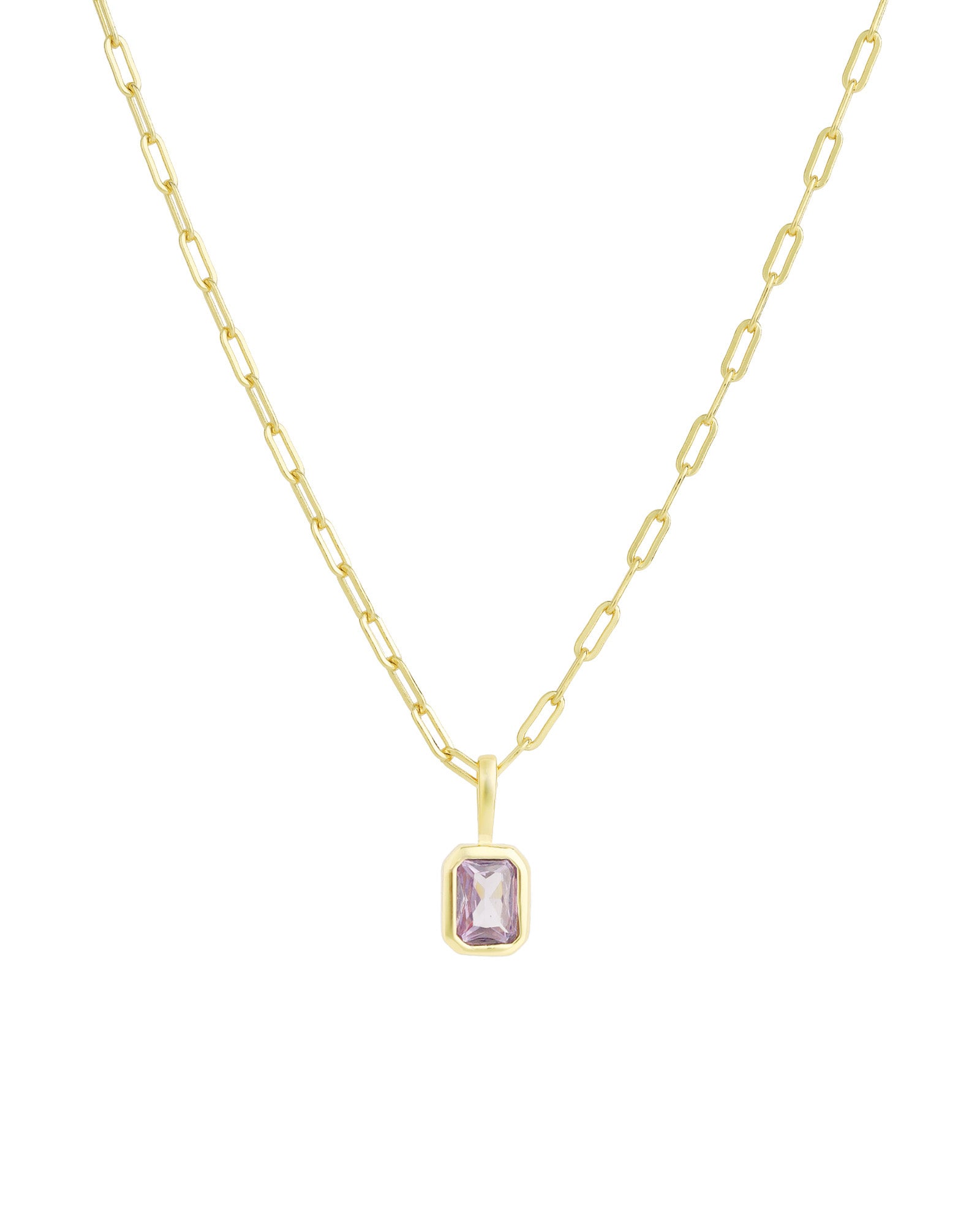 Quiet Icon-Emerald Cut Birthstone Paperclip Necklace-Necklaces-14k Gold Vermeil, Amethyst - February-Blue Ruby Jewellery-Vancouver Canada