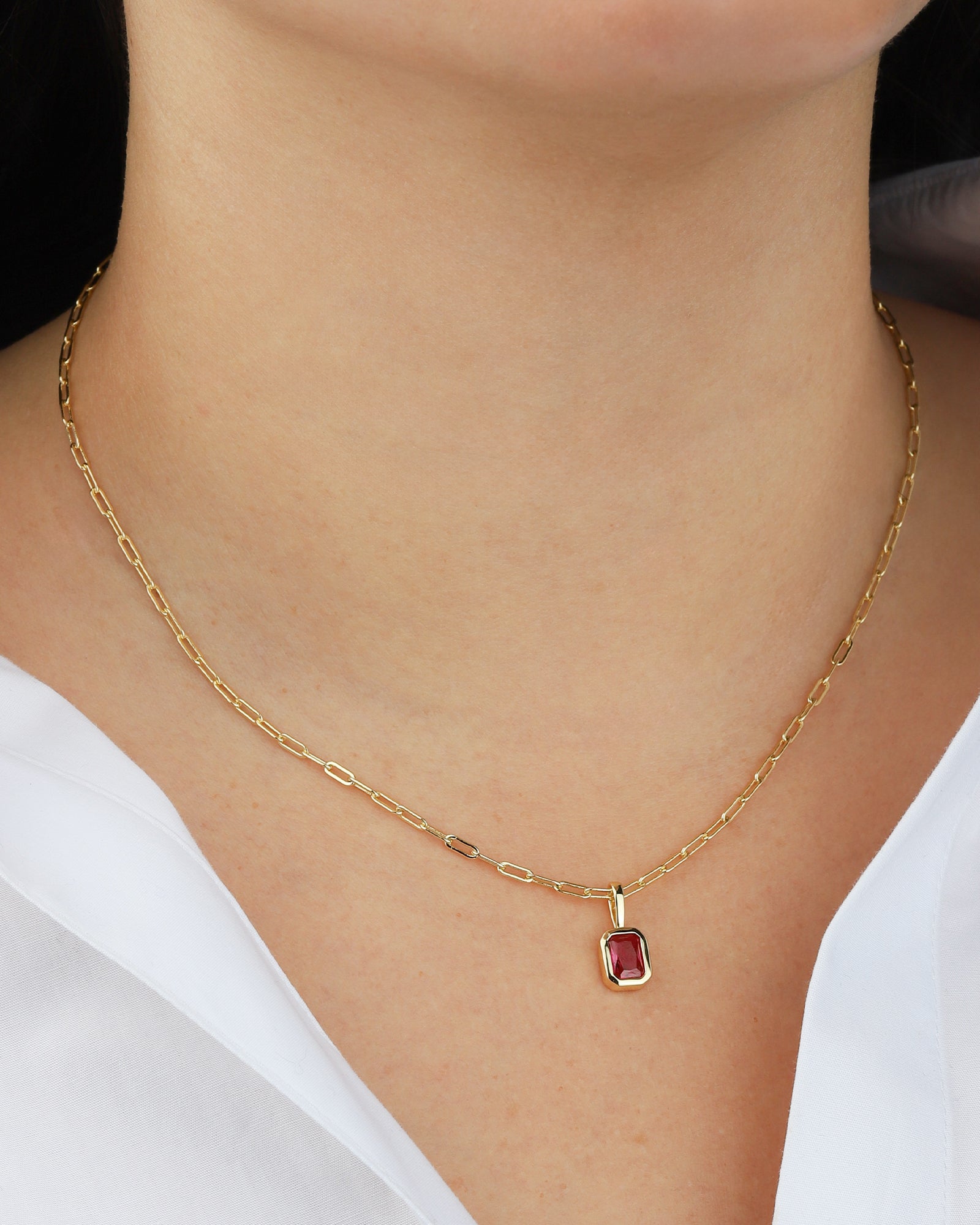 Quiet Icon-Emerald Cut Birthstone Paperclip Necklace-Necklaces-Blue Ruby Jewellery-Vancouver Canada
