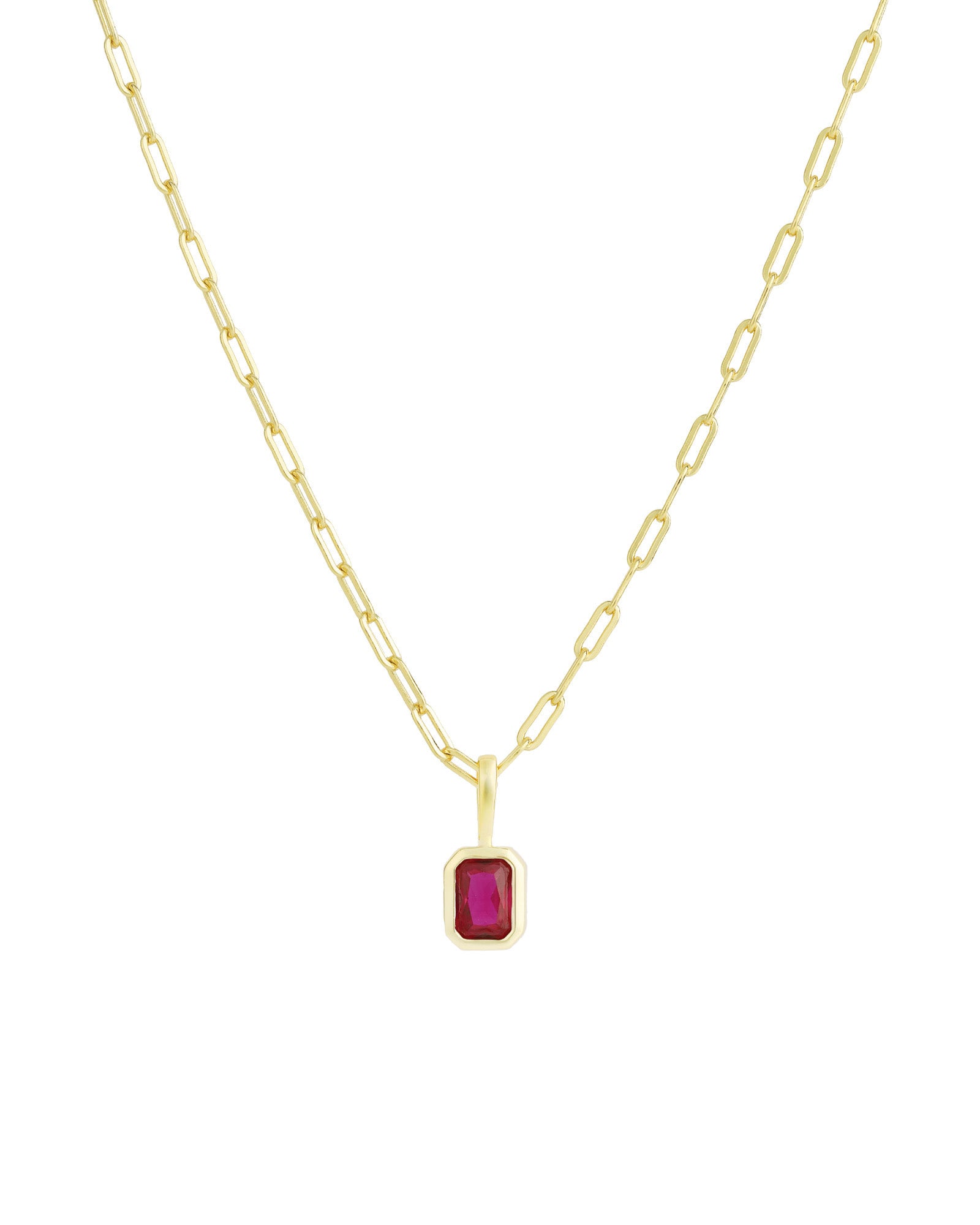 Quiet Icon-Emerald Cut Birthstone Paperclip Necklace-Necklaces-14k Gold Vermeil, Ruby - July-Blue Ruby Jewellery-Vancouver Canada