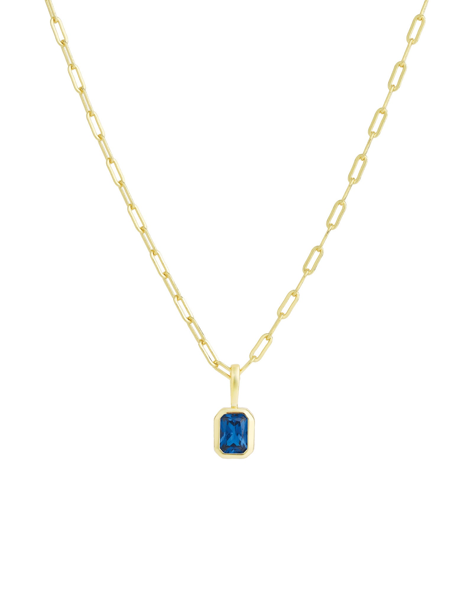 Quiet Icon-Emerald Cut Birthstone Paperclip Necklace-Necklaces-14k Gold Vermeil, Sapphire - September-Blue Ruby Jewellery-Vancouver Canada