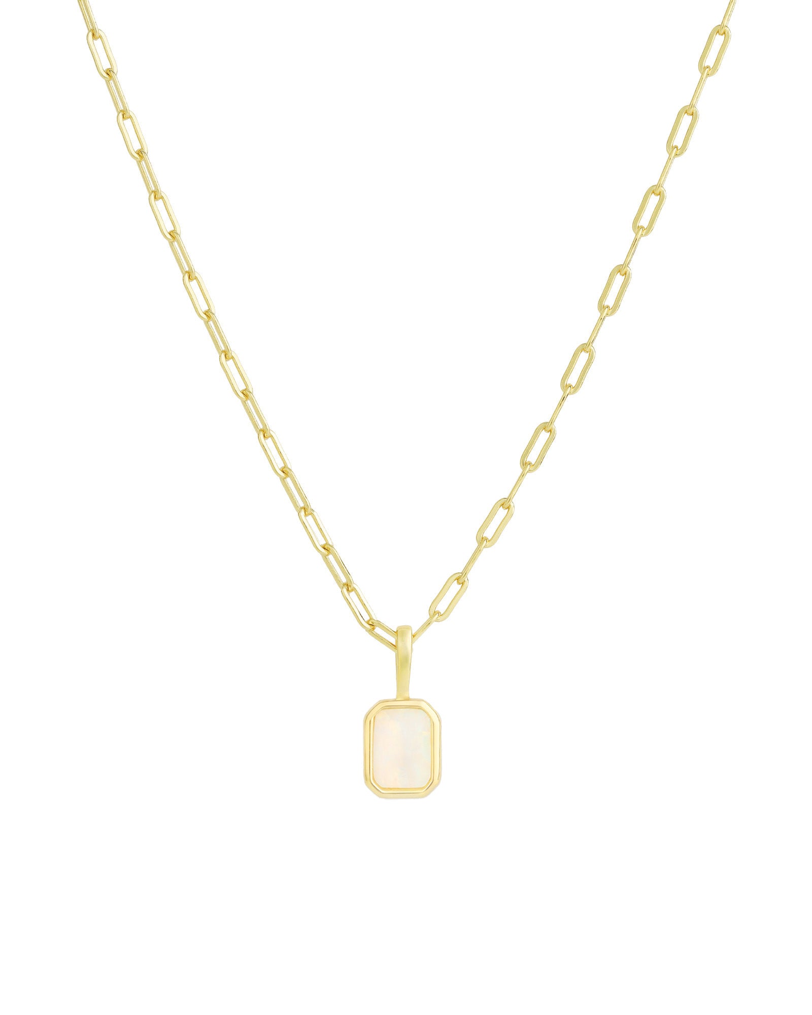 Quiet Icon-Emerald Cut Birthstone Paperclip Necklace-Necklaces-14k Gold Vermeil, Opal - October-Blue Ruby Jewellery-Vancouver Canada