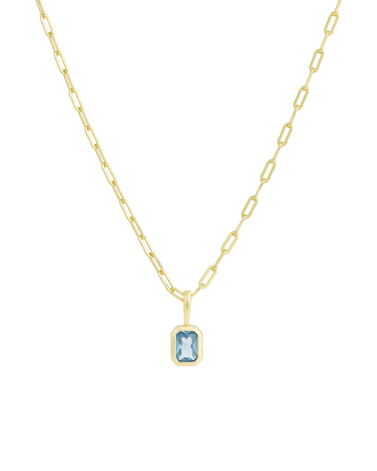 Quiet Icon-Emerald Cut Birthstone Paperclip Necklace-Necklaces-14k Gold Vermeil, Blue Topaz - December-Blue Ruby Jewellery-Vancouver Canada