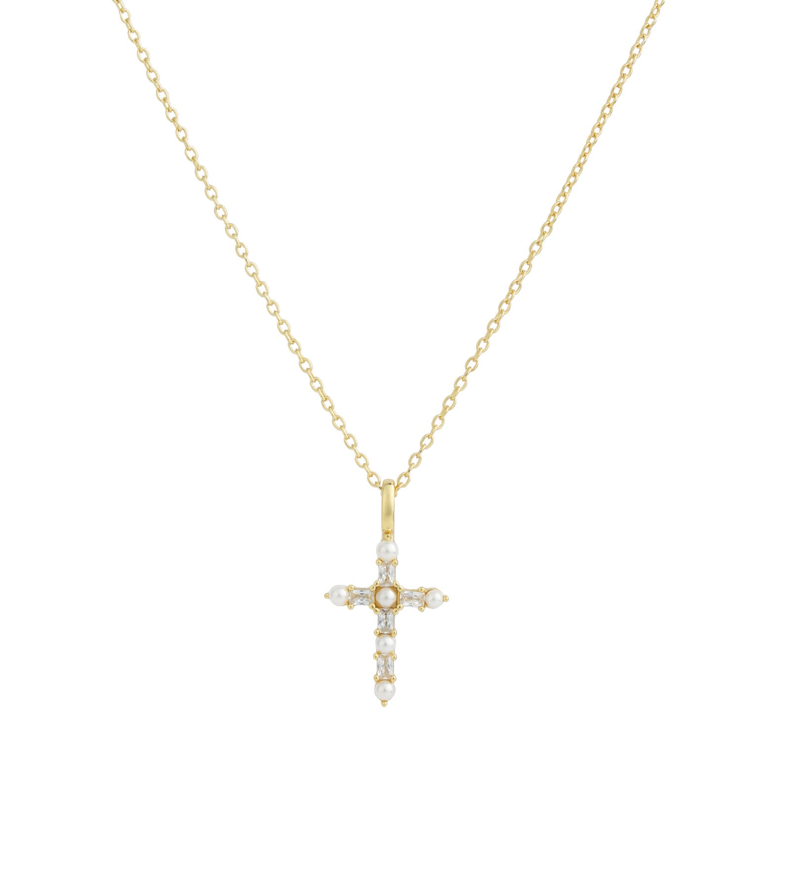 Quiet Icon-Cross Pearl CZ Necklace-Necklaces-Blue Ruby Jewellery-Vancouver Canada