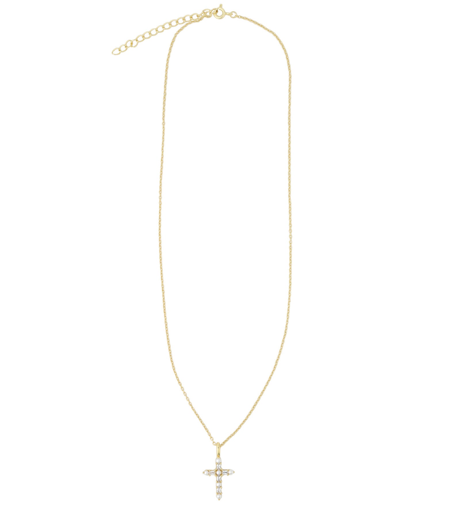 Quiet Icon-Cross Pearl CZ Necklace-Necklaces-14k Gold Vermeil, Cubic Zirconia, White Pearl-Blue Ruby Jewellery-Vancouver Canada
