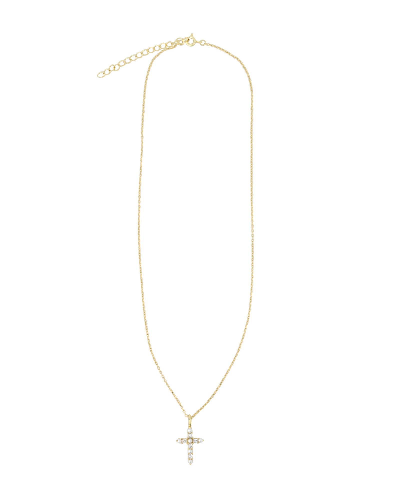 Quiet Icon-Cross Pearl CZ Necklace-Necklaces-14k Gold Vermeil, Cubic Zirconia, White Pearl-Blue Ruby Jewellery-Vancouver Canada