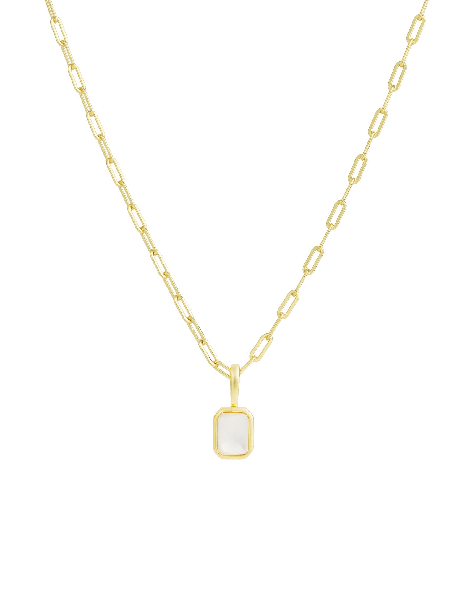 Quiet Icon-Emerald Cut Birthstone Paperclip Necklace-Necklaces-14k Gold Vermeil, White Pearl - June-Blue Ruby Jewellery-Vancouver Canada