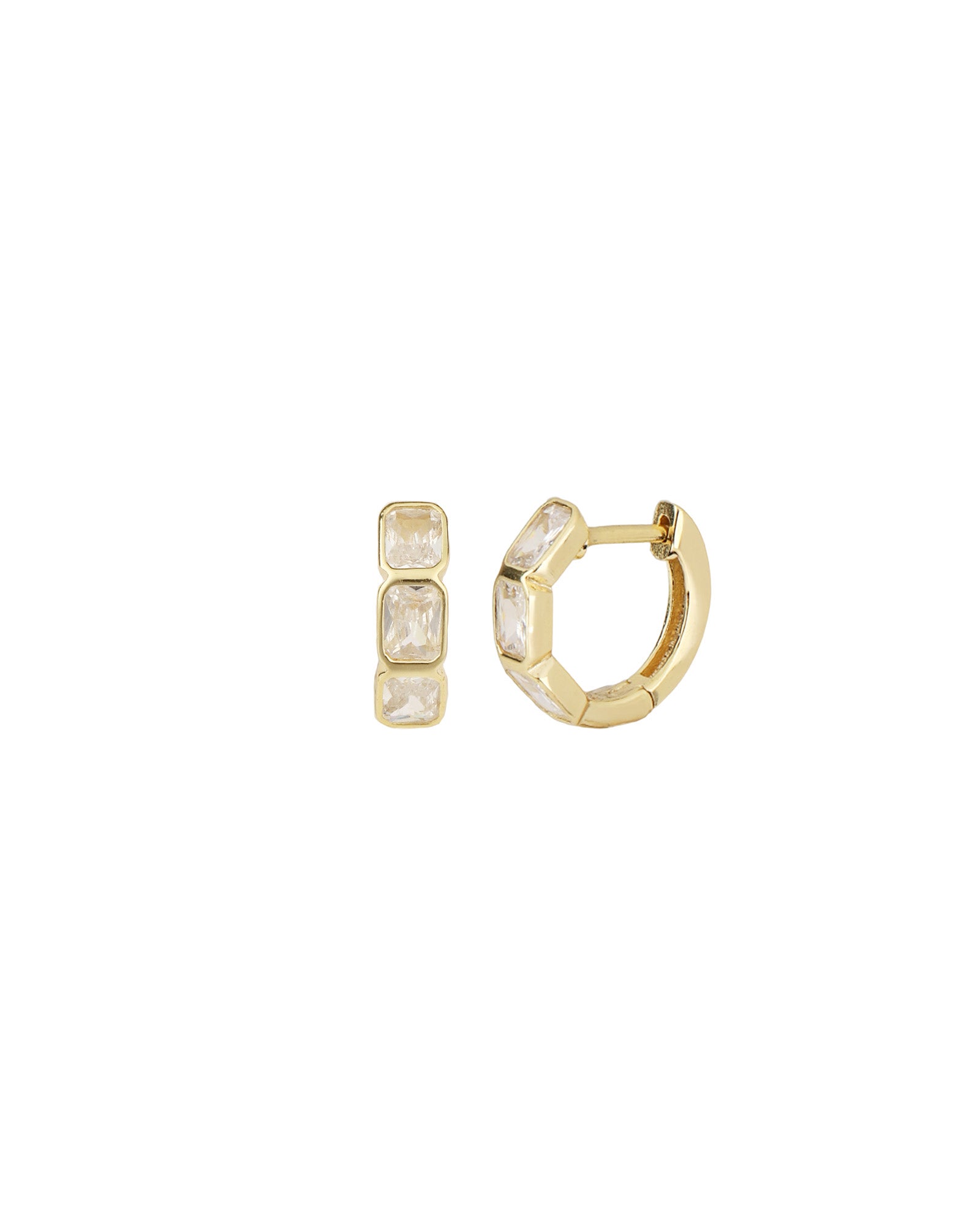Quiet Icon-Emerald Radiance Huggies-Earrings-14k Gold Vermeil, Cubic Zirconia-Blue Ruby Jewellery-Vancouver Canada