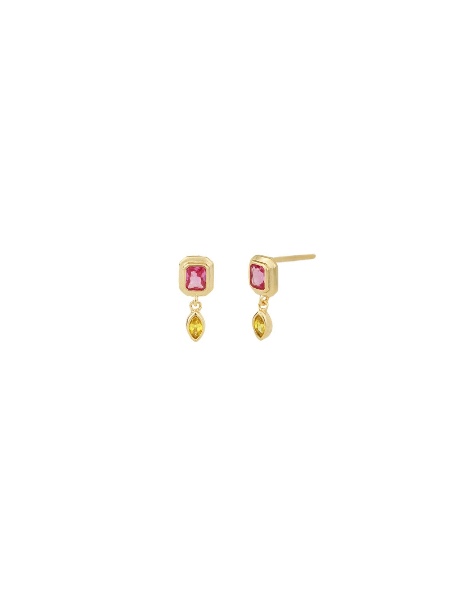 Quiet Icon-Emerald & Marquise Cut CZ Drop Studs-Earrings-14k Gold Vermeil, Cubic Zirconia-Blue Ruby Jewellery-Vancouver Canada