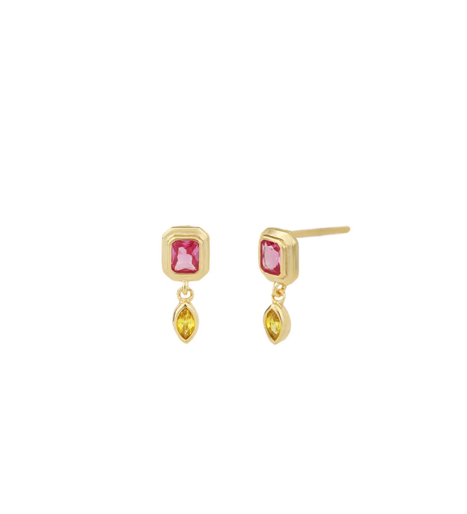 Quiet Icon-Emerald & Marquise Cut CZ Drop Studs-Earrings-14k Gold Vermeil, Cubic Zirconia-Blue Ruby Jewellery-Vancouver Canada