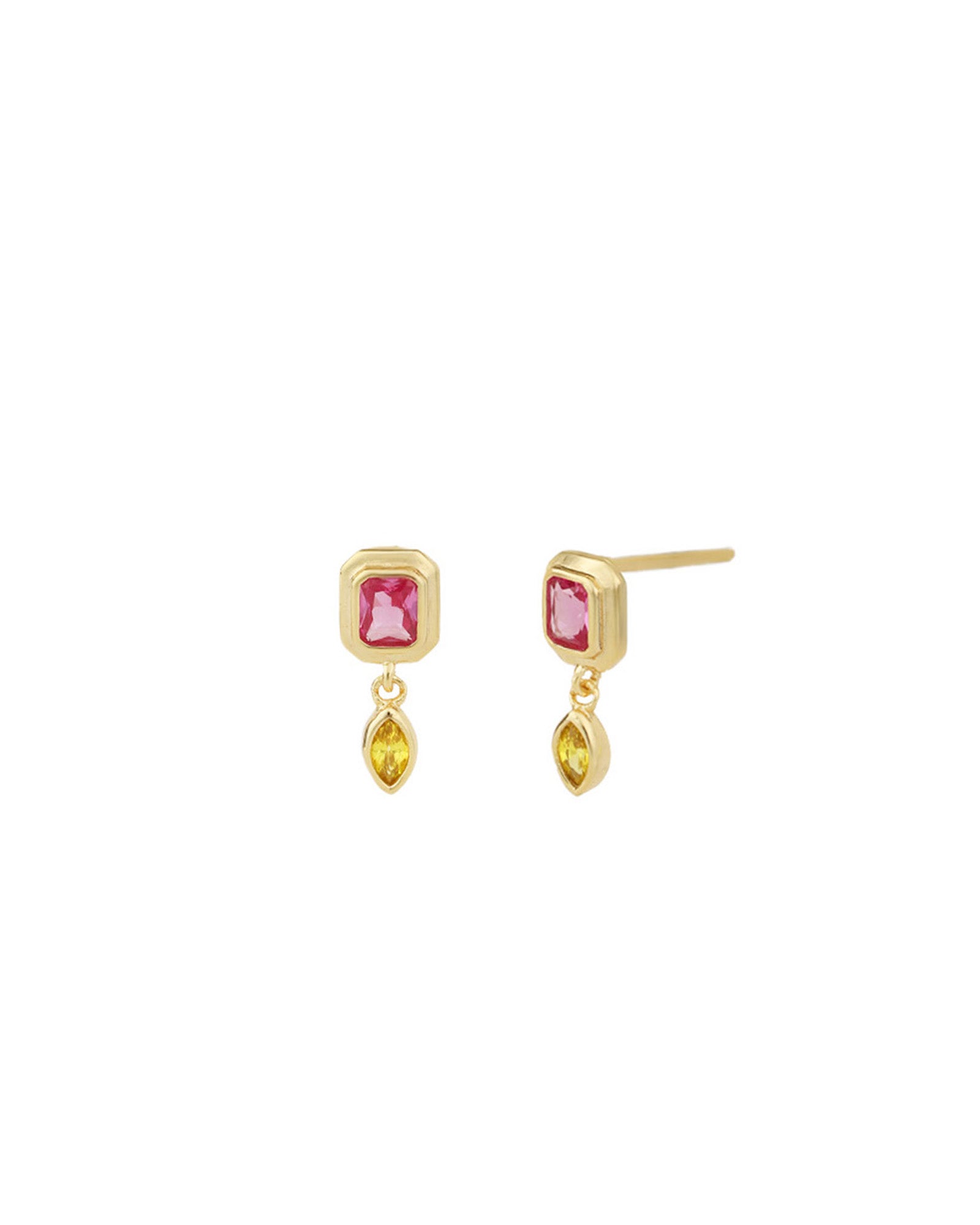 Quiet Icon-Emerald & Marquise Cut CZ Drop Studs-Earrings-14k Gold Vermeil, Cubic Zirconia-Blue Ruby Jewellery-Vancouver Canada