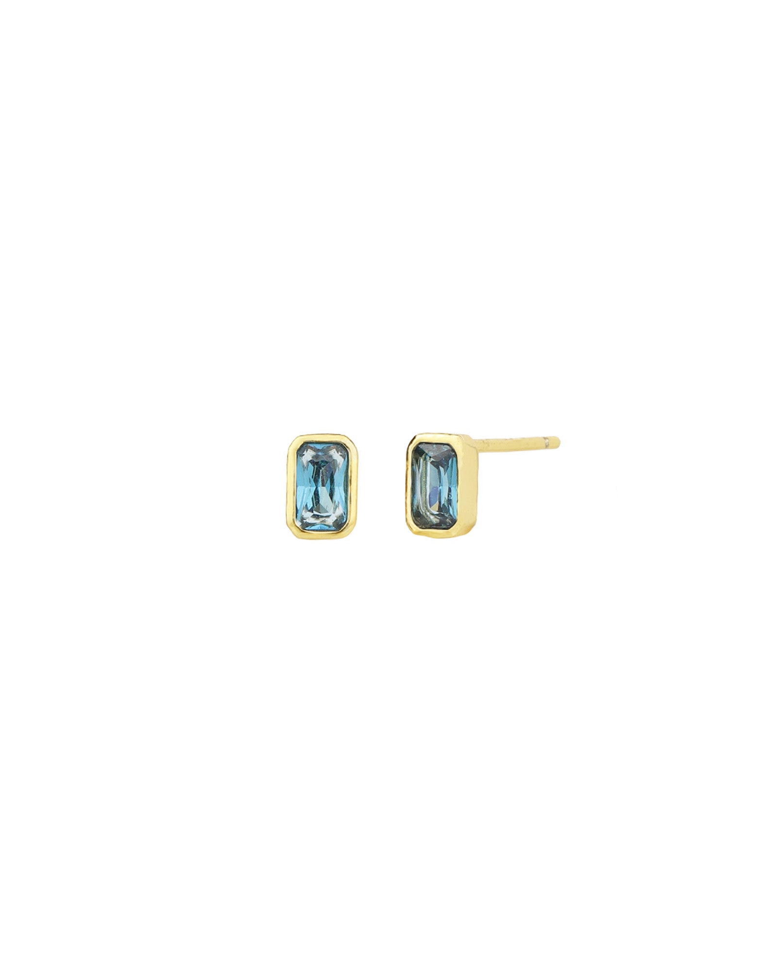 Quiet Icon-Emerald Cut Bezel CZ Studs-Earrings-14k Gold Vermeil, Mother of Pearl-Blue Ruby Jewellery-Vancouver Canada