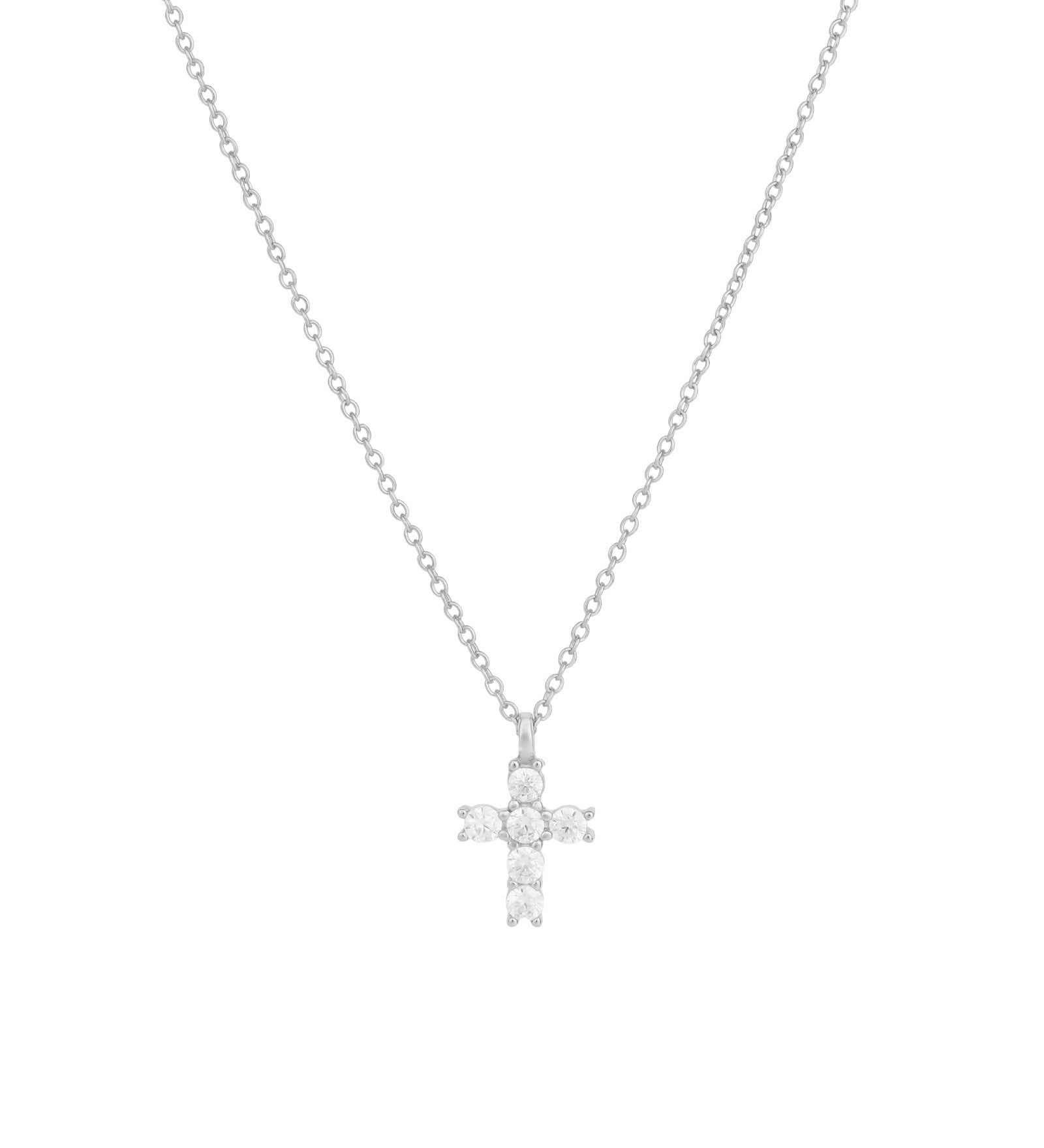 Quiet Icon-Petite Cross Necklace-Necklaces-Rhodium Plated Sterling Silver, Cubic Zirconia-Blue Ruby Jewellery-Vancouver Canada