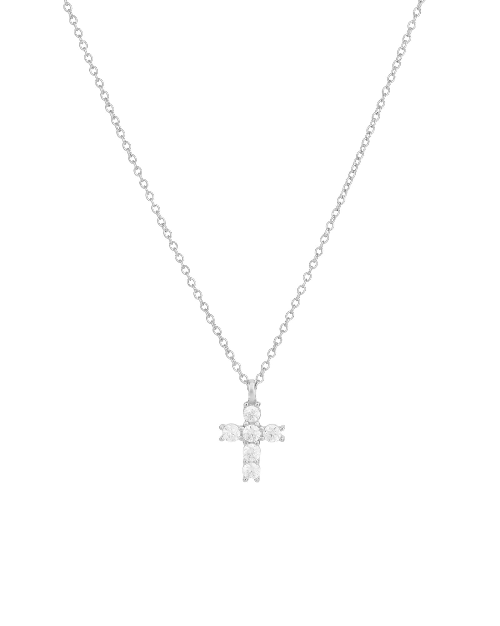 Quiet Icon-Petite Cross Necklace-Necklaces-Rhodium Plated Sterling Silver, Cubic Zirconia-Blue Ruby Jewellery-Vancouver Canada