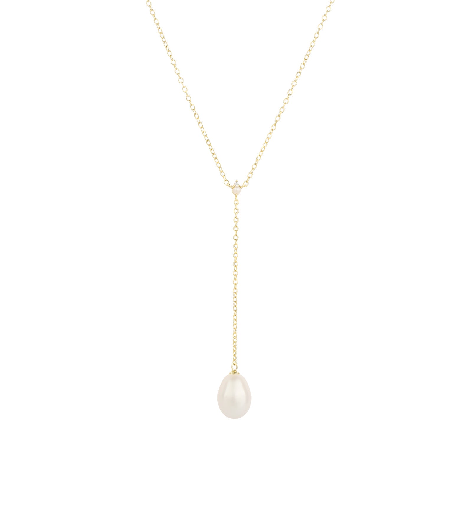 Quiet Icon-Pearl Y Necklace-Necklaces-14k Gold Vermeil, White Pearl, Cubic Zirconia-Blue Ruby Jewellery-Vancouver Canada