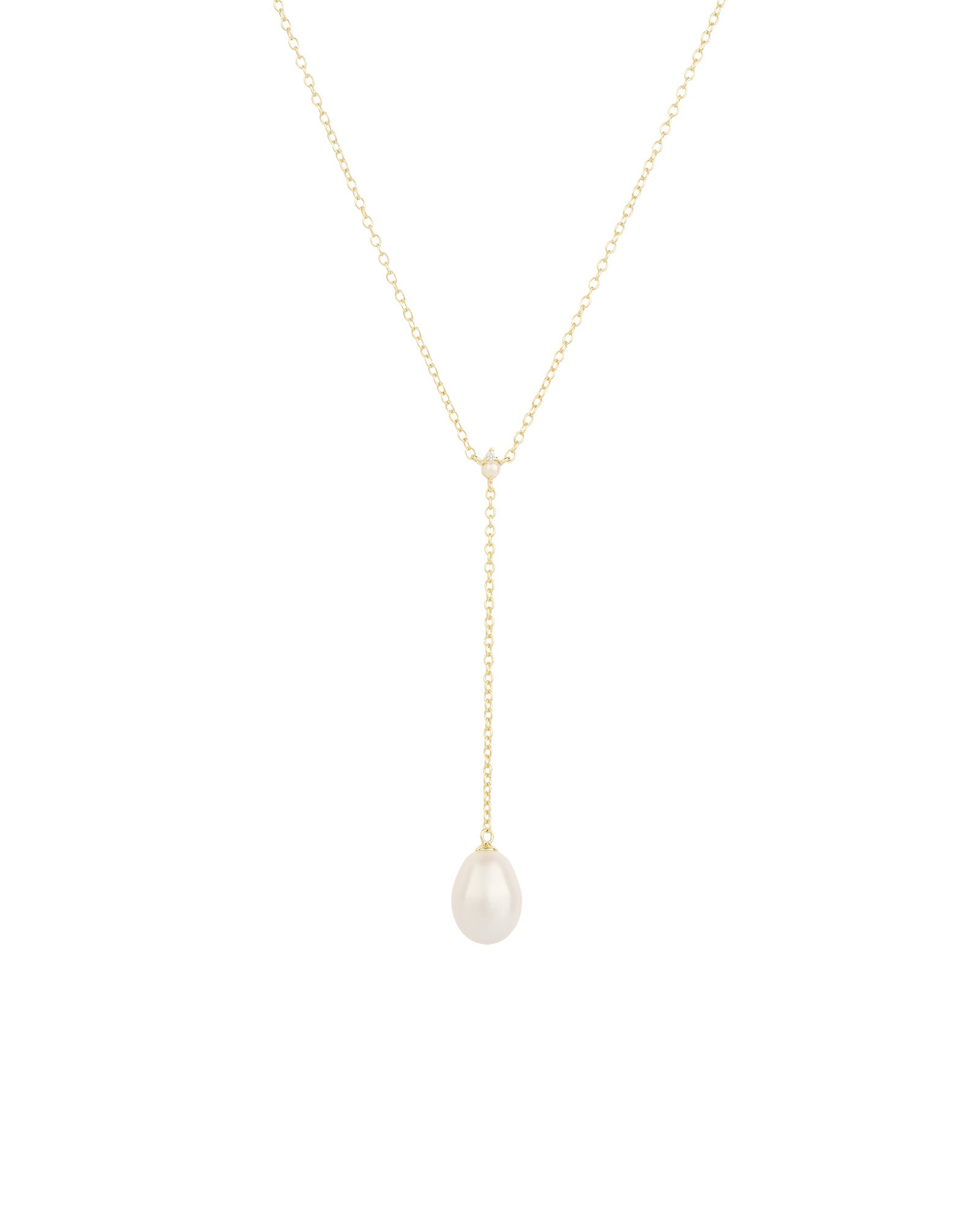 Quiet Icon-Pearl Y Necklace-Necklaces-14k Gold Vermeil, White Pearl, Cubic Zirconia-Blue Ruby Jewellery-Vancouver Canada