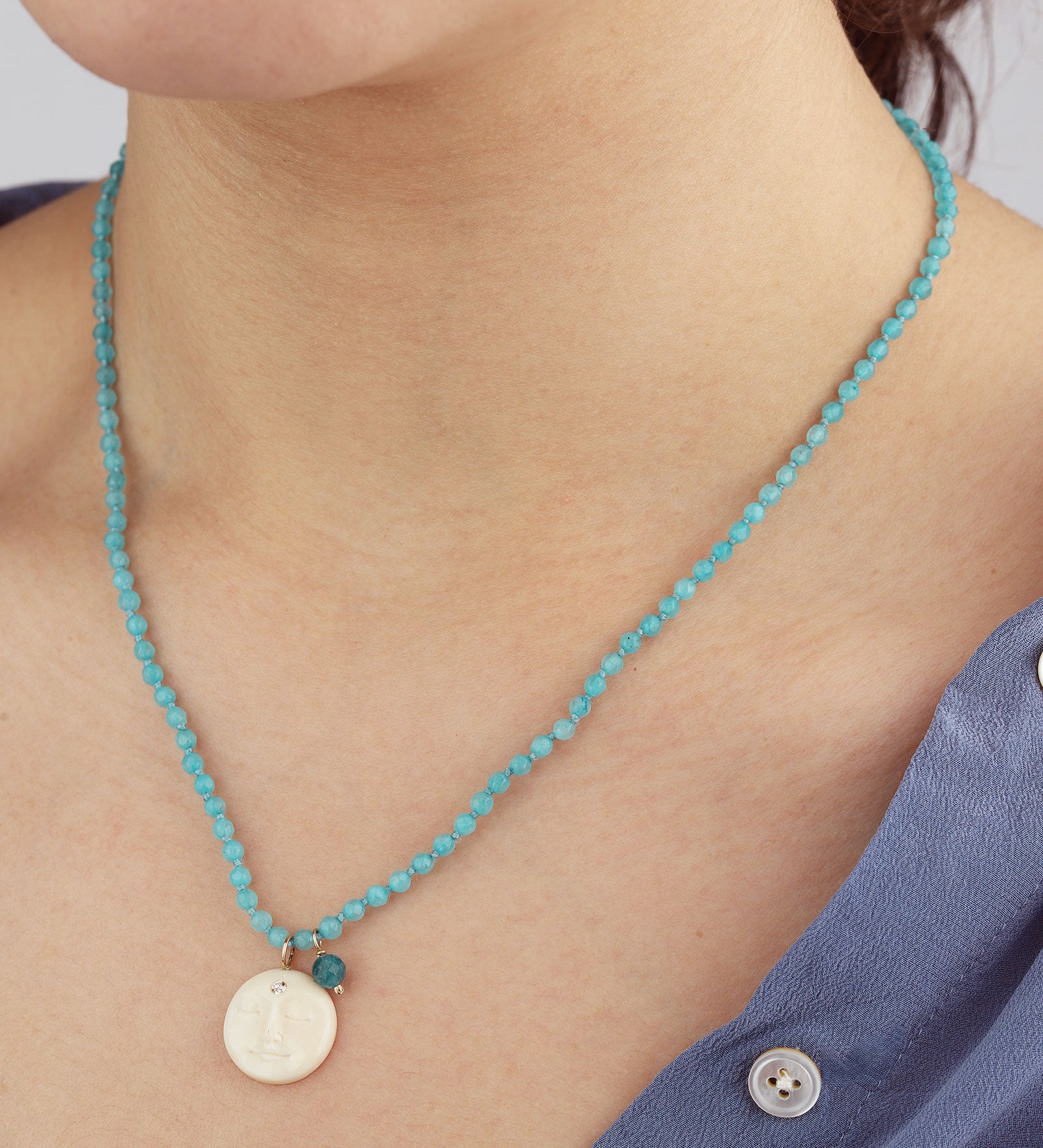 Agate Moon Drop Diamond Necklace 10k Yellow Gold, Blue Agate