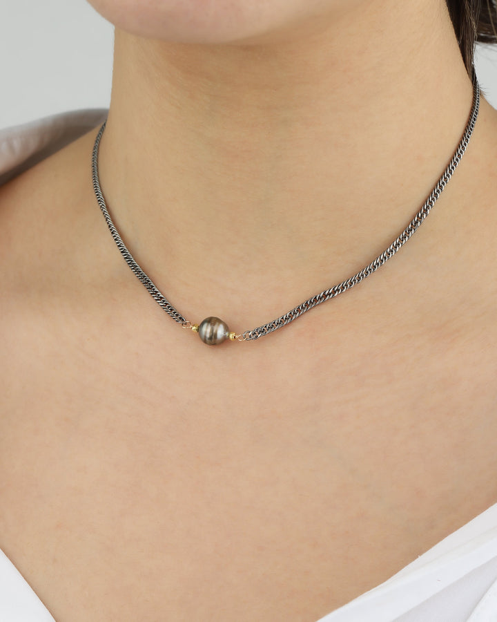 1 Tahitian Pearl Nugget Necklace 22k Gold Vermeil, Oxidized Sterling Silver