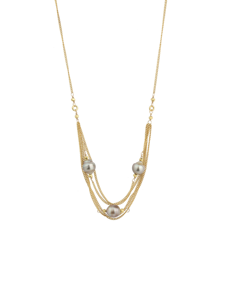 3 Tahitian Pearl Multi Chain Necklace 22k Gold Vermeil, Grey Pearl