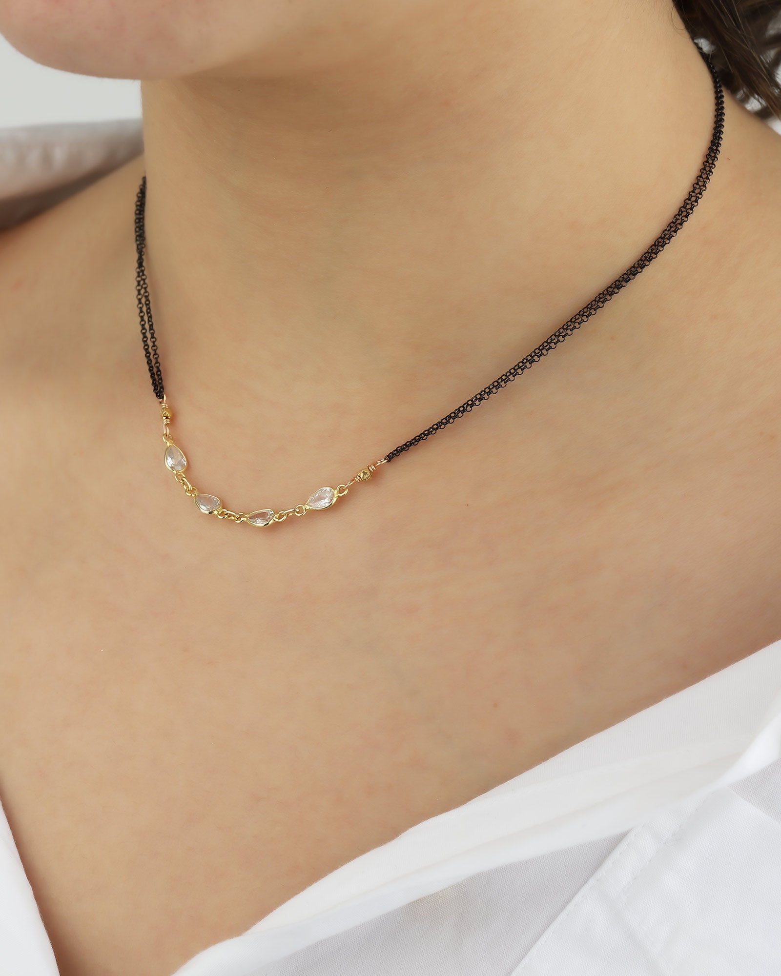 Robindira Unsworth-4 Teardrop CZ 2 Chain Necklace-Necklaces-22k Gold Vermeil, Oxidized Sterling Silver-Blue Ruby Jewellery-Vancouver Canada