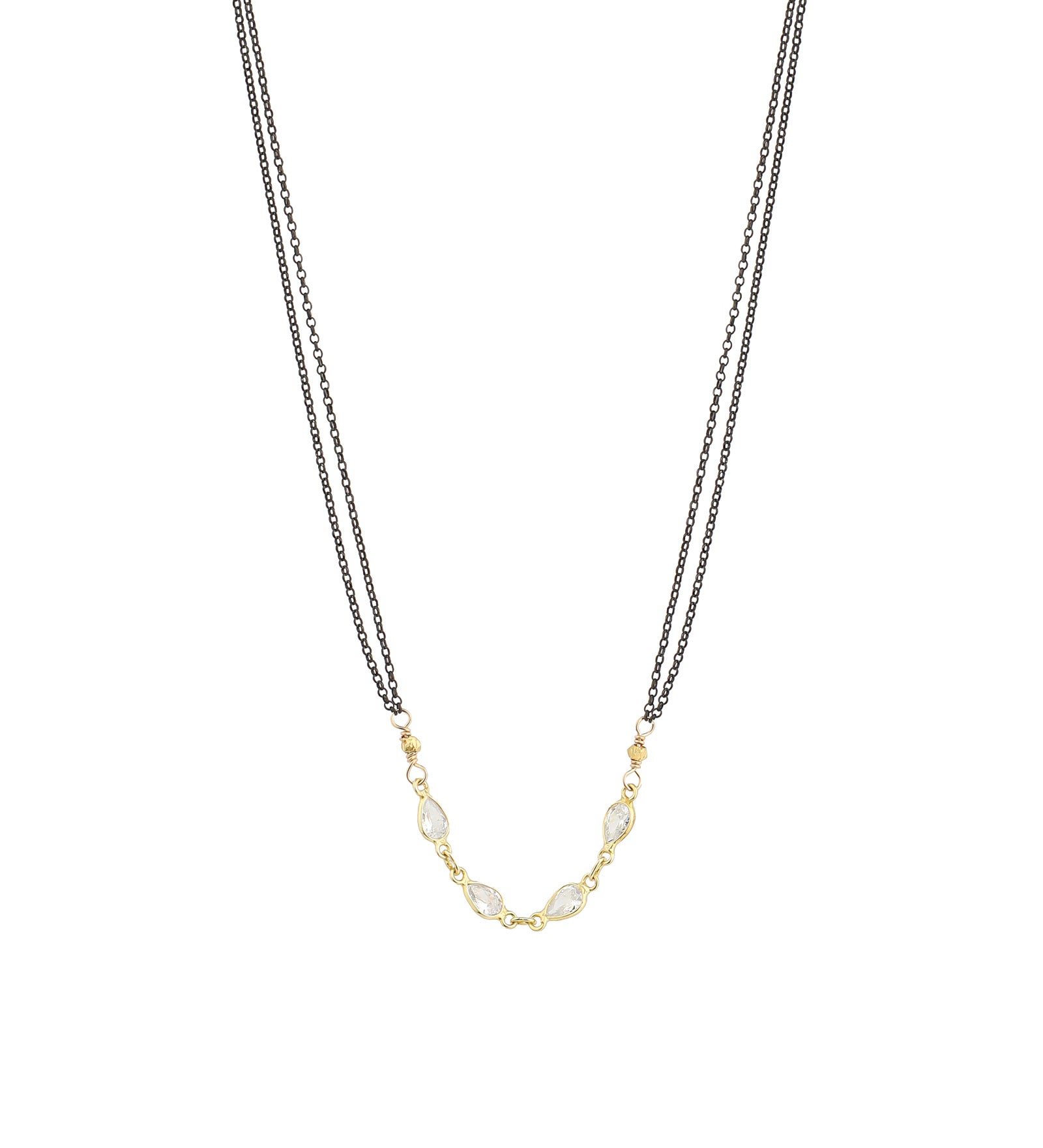 4 Teardrop CZ 2 Chain Necklace 22k Gold Vermeil, Oxidized Sterling Silver