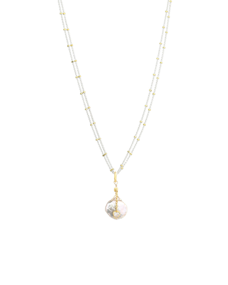 2 Chain Flat Pearl + CZ Heart Necklace 22k Gold Vermeil, Sterling Silver