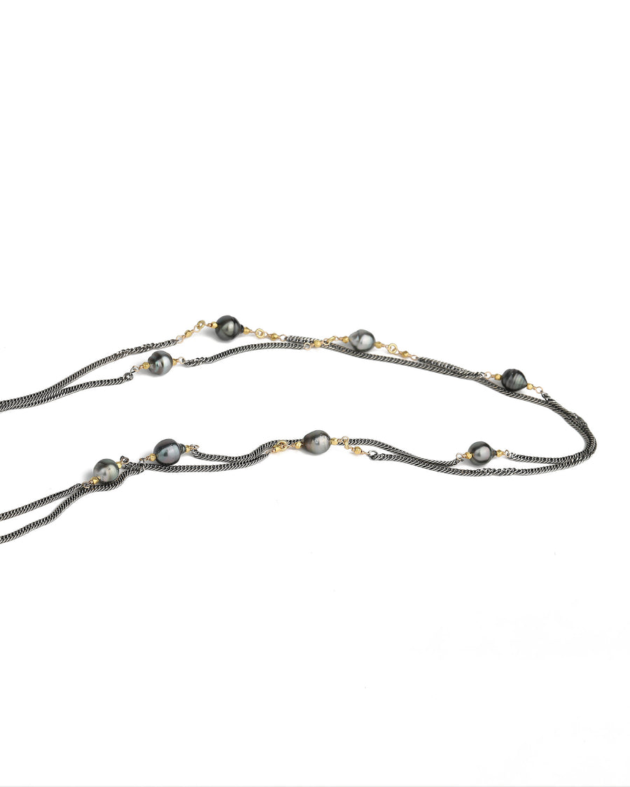 2 Chain Tahitian Pearl Necklace 22k Gold Vermeil, Oxidized Sterling Silver