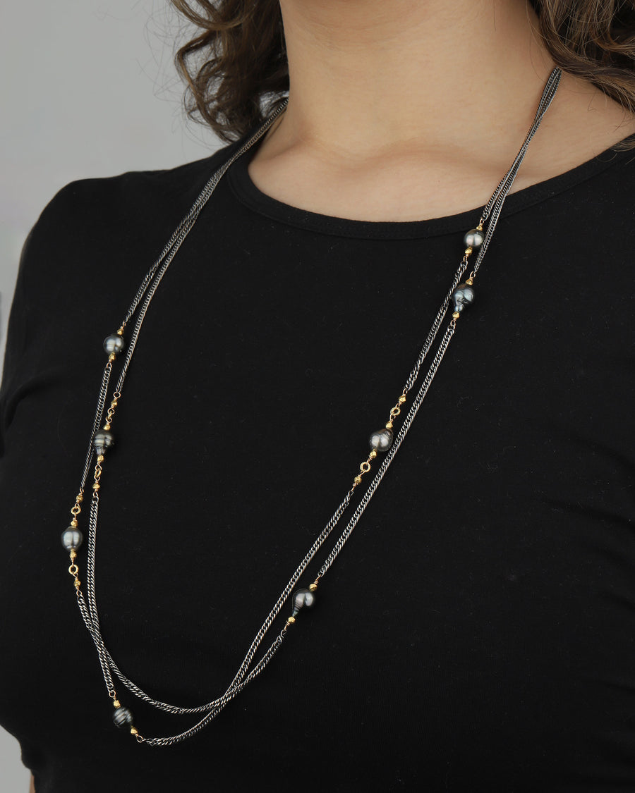 Robindira Unsworth-2 Chain Tahitian Pearl Necklace-Necklaces-22k Gold Vermeil, Oxidized Sterling Silver-Blue Ruby Jewellery-Vancouver Canada