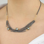 Multi Chain 3 Tahitian Pearl Necklace 22k Gold Vermeil, Oxidized Sterling Silver