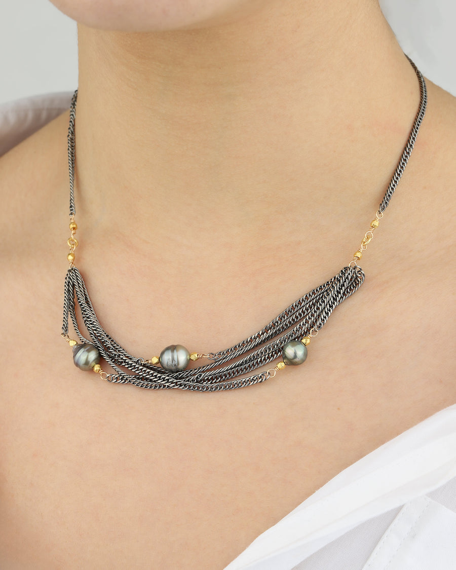 Multi Chain 3 Tahitian Pearl Necklace 22k Gold Vermeil, Oxidized Sterling Silver