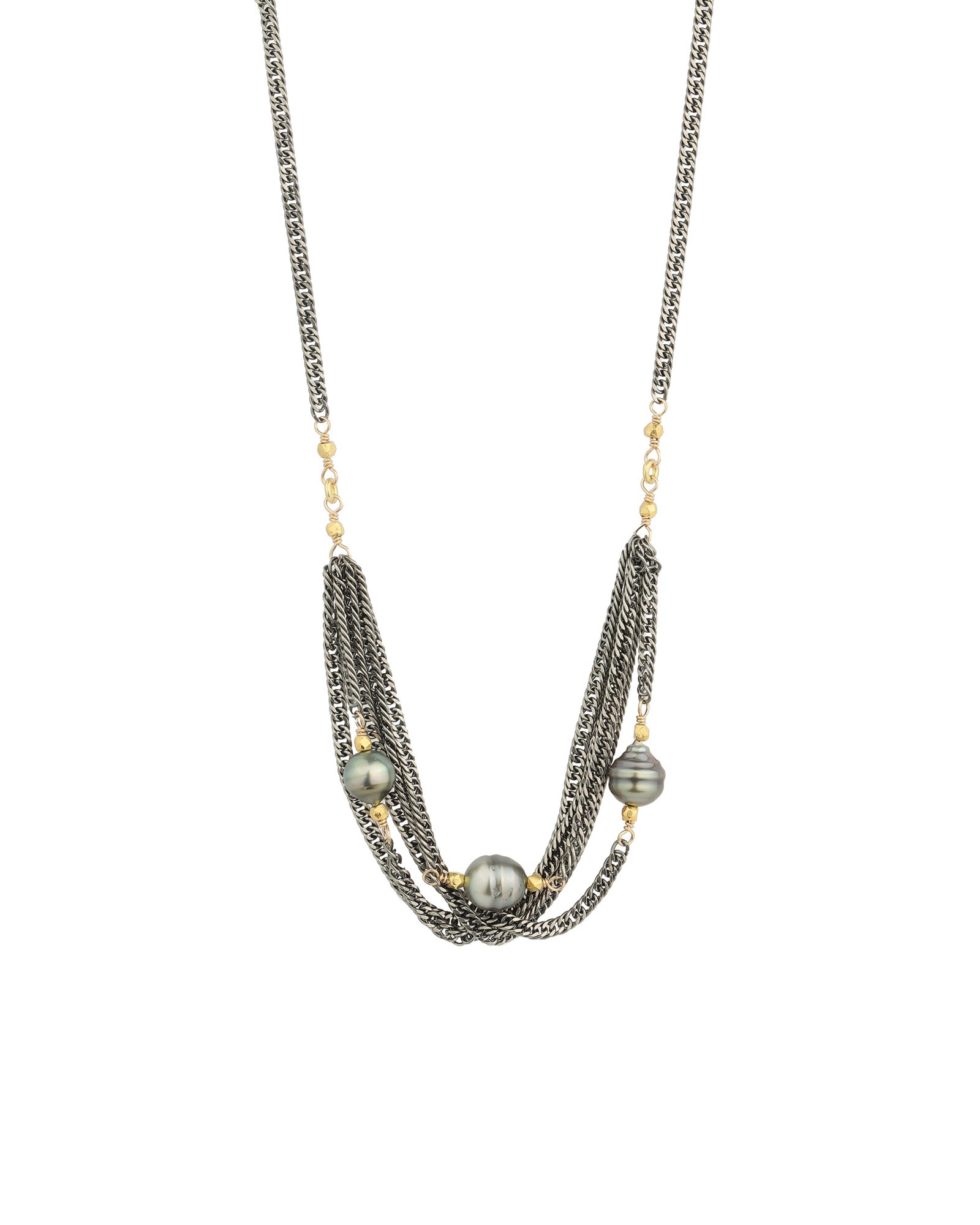 Multi Chain 3 Tahitian Pearl Necklace 22k Gold Vermeil, Oxidized Sterling Silver