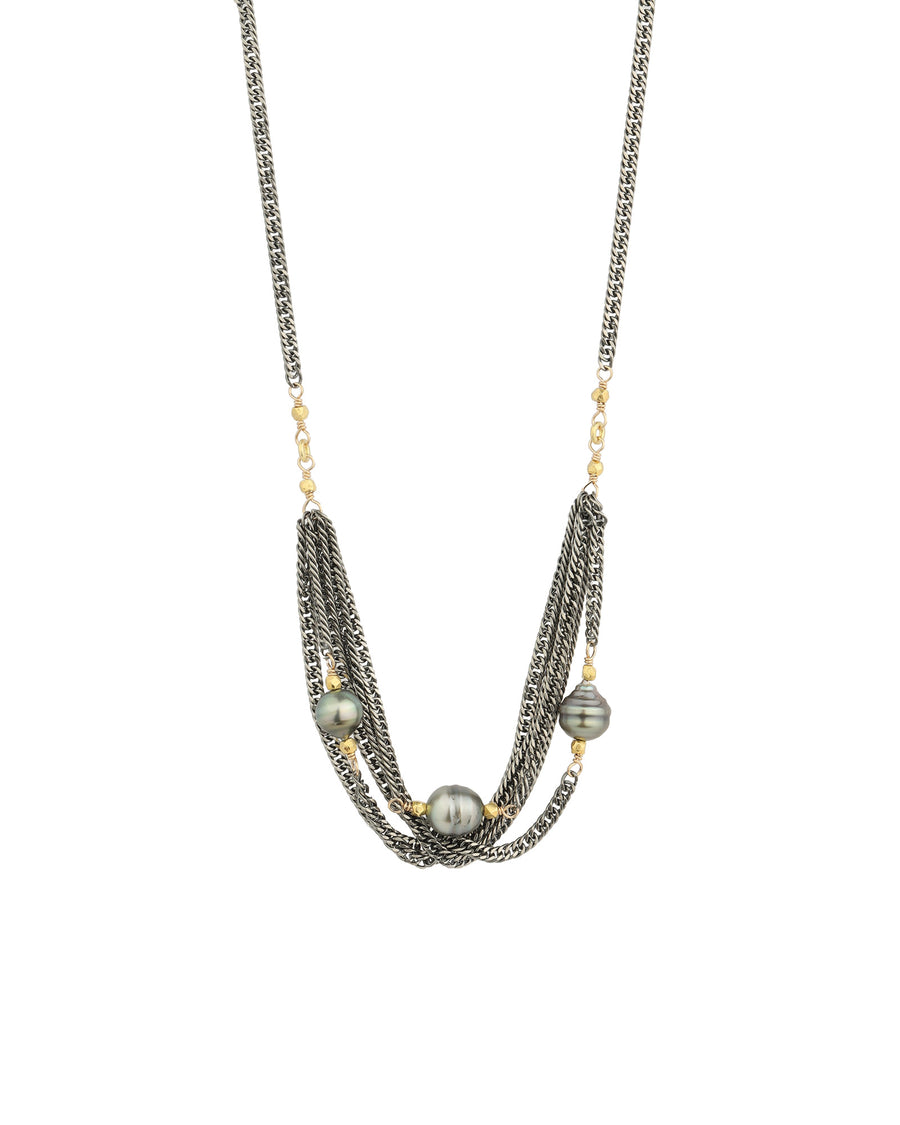 Multi Chain 3 Tahitian Pearl Necklace 22k Gold Vermeil, Oxidized Sterling Silver