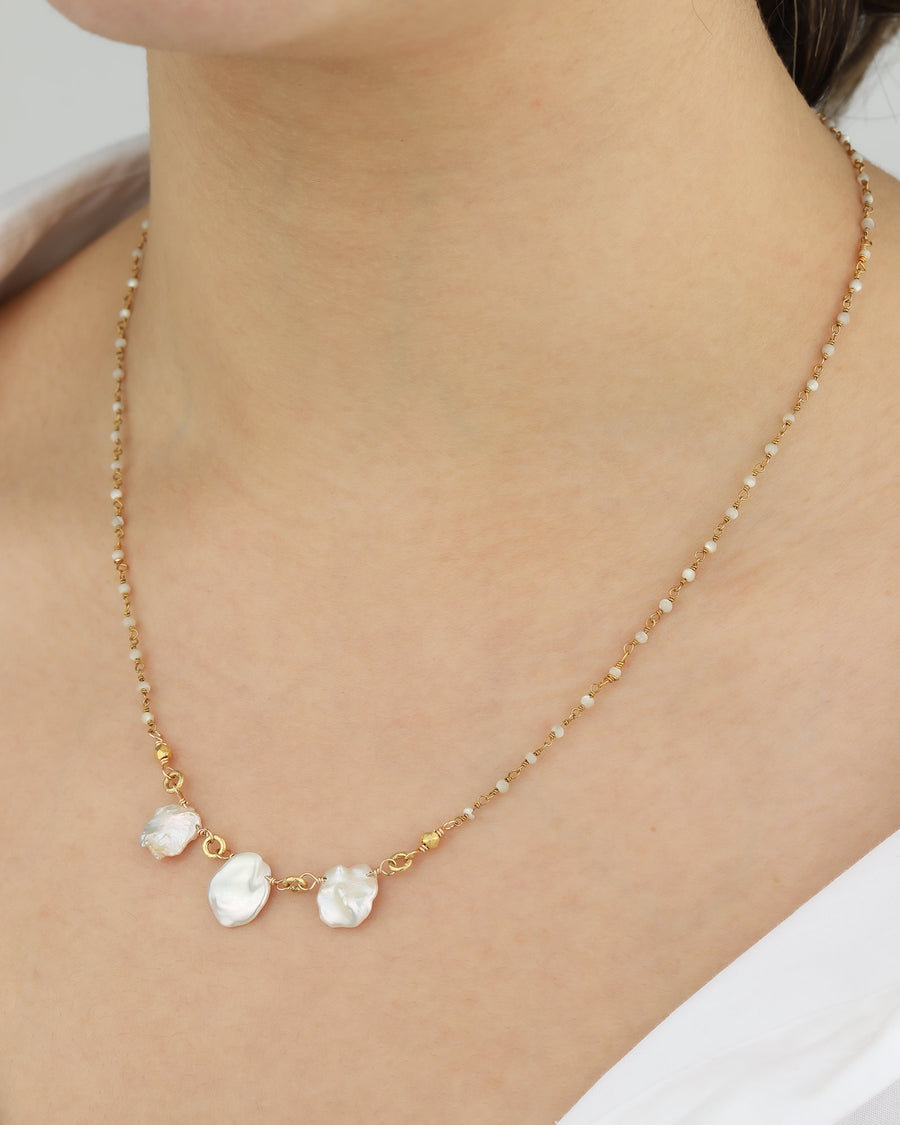 3 Keishi Pearl Beaded Chain Necklace 22k Gold Vermeil, White Pearl