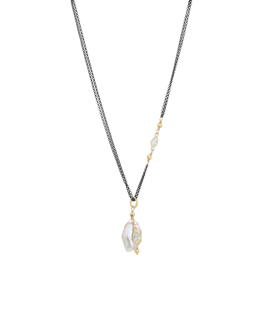 2 Chain Pearl + CZ Drop Necklace 22k Gold Vermeil, Oxidized Sterling Silver