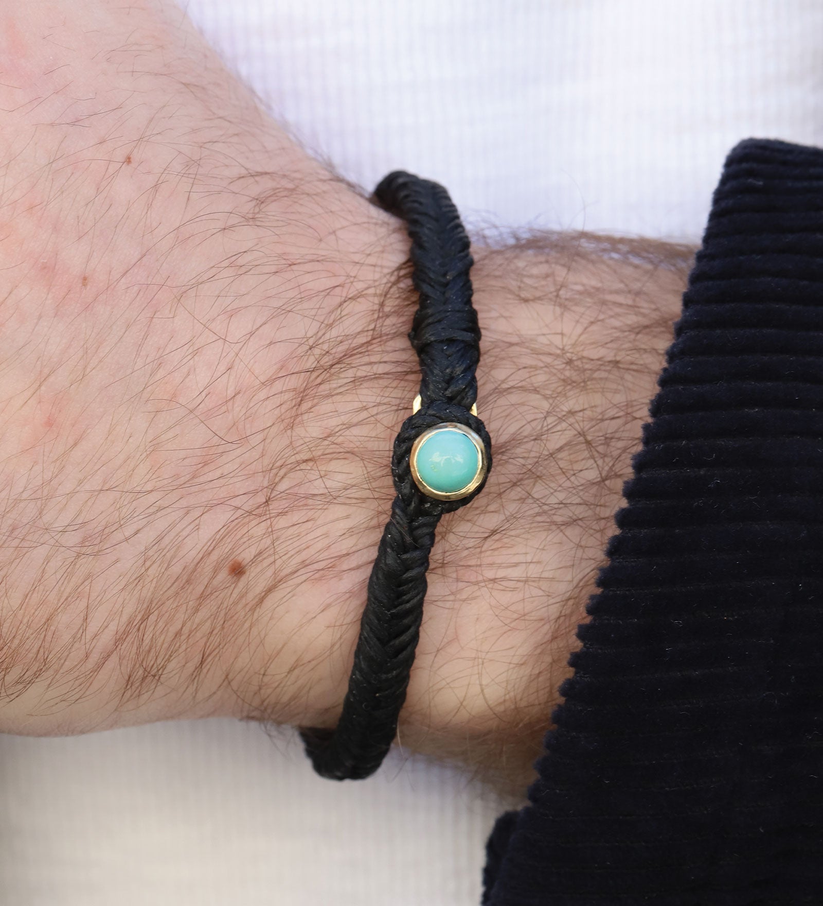 Classic Fishtail Button Bracelet Brass, Black Nylon, Turquoise / 8