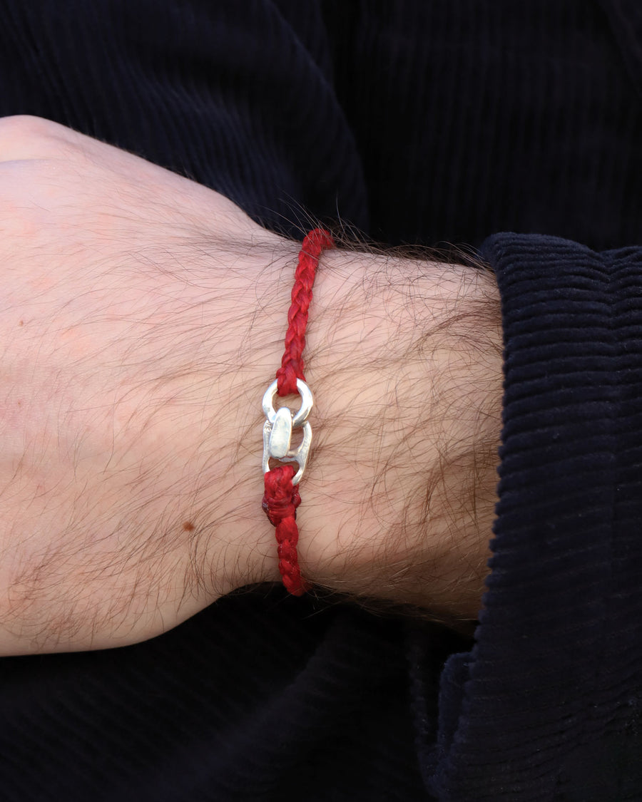 Single Wrap Bracelet Sterling Silver, Red Waxed Nylon