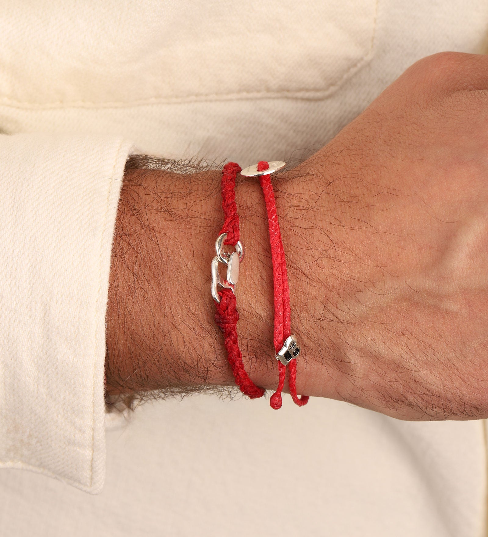 Signature Bracelet Sterling Silver, Fire Red Waxed Nylon