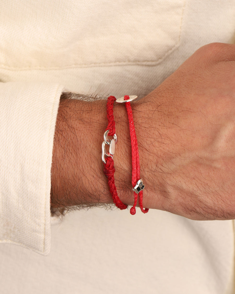 Signature Bracelet Sterling Silver, Fire Red Waxed Nylon