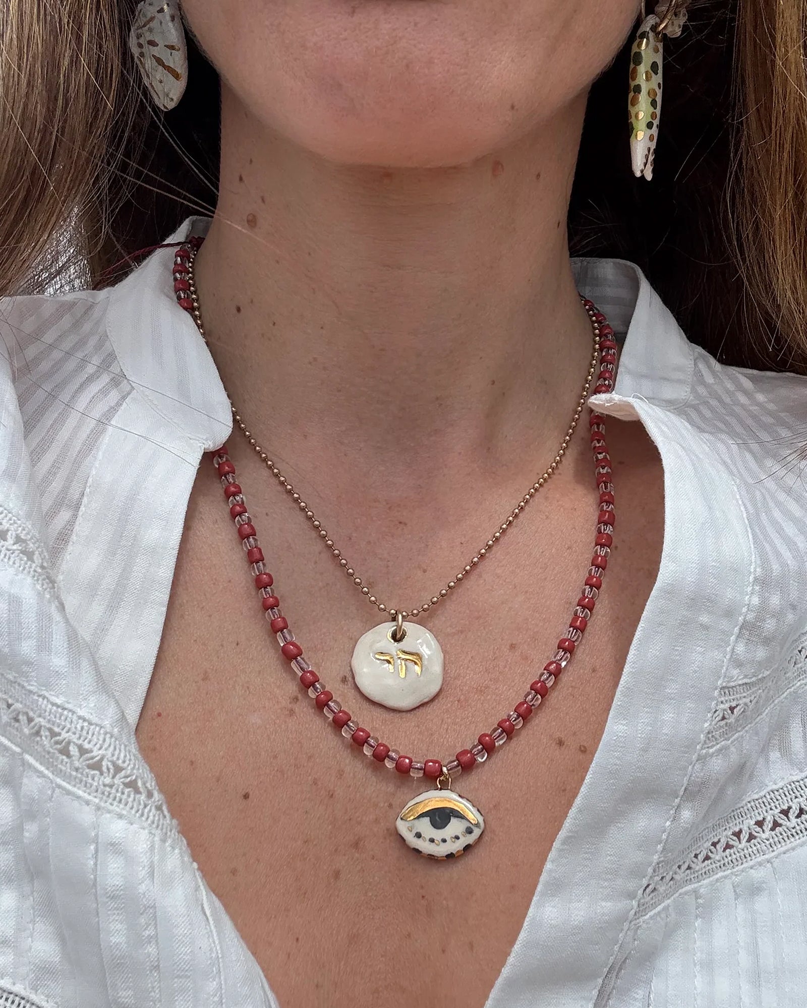 Embossed Chai Charm Necklace Gold Filled, Hand Sculpted Porcelain
